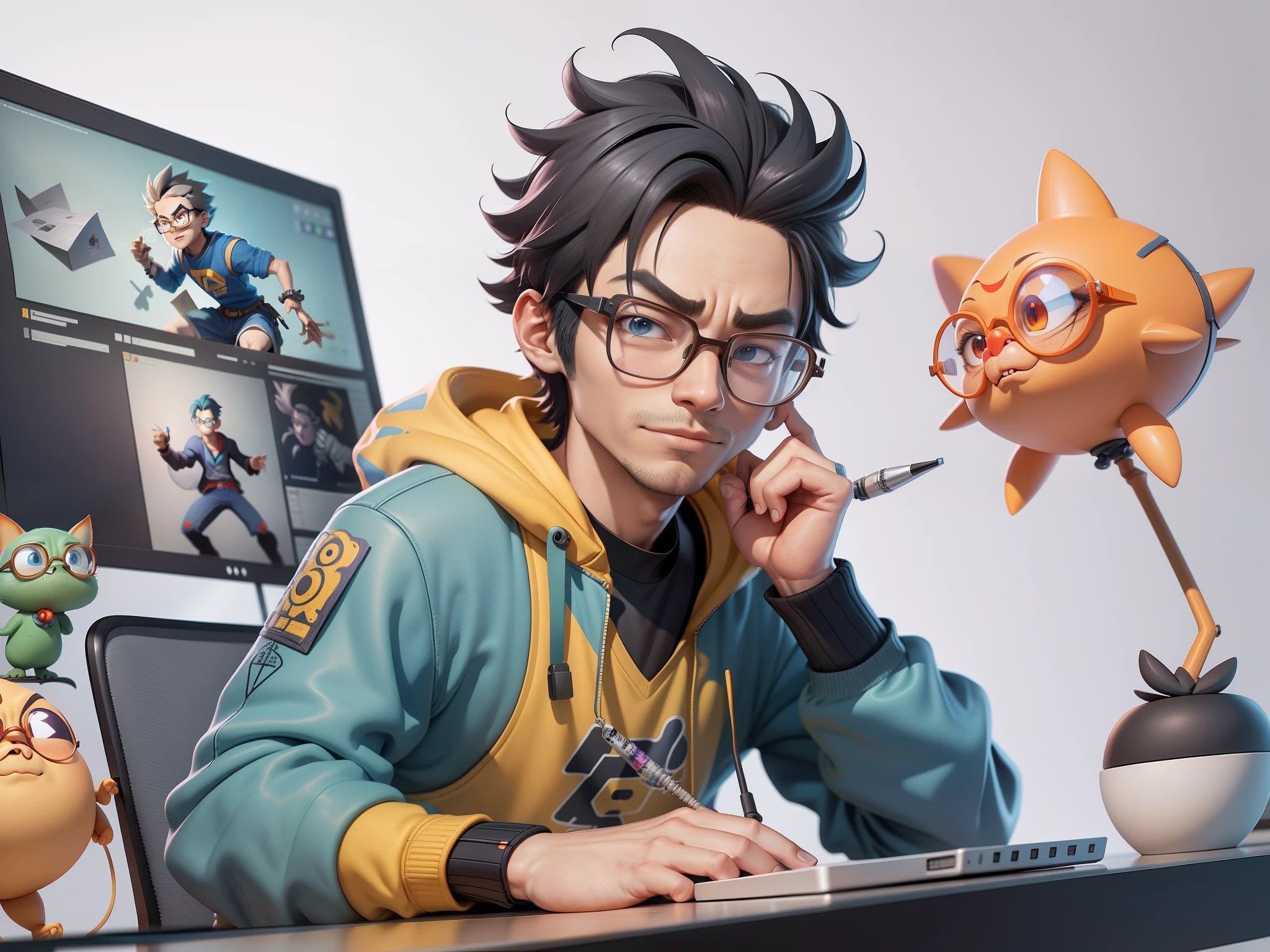 A young man with glasses sits at his desk,holding laptop,digitial painting,3D character design by Mark Clairen and Pixar and Hayao Miyazaki and Akira Toriyama,4K HD illustration,Very detailed facial features and cartoon-style visuals。