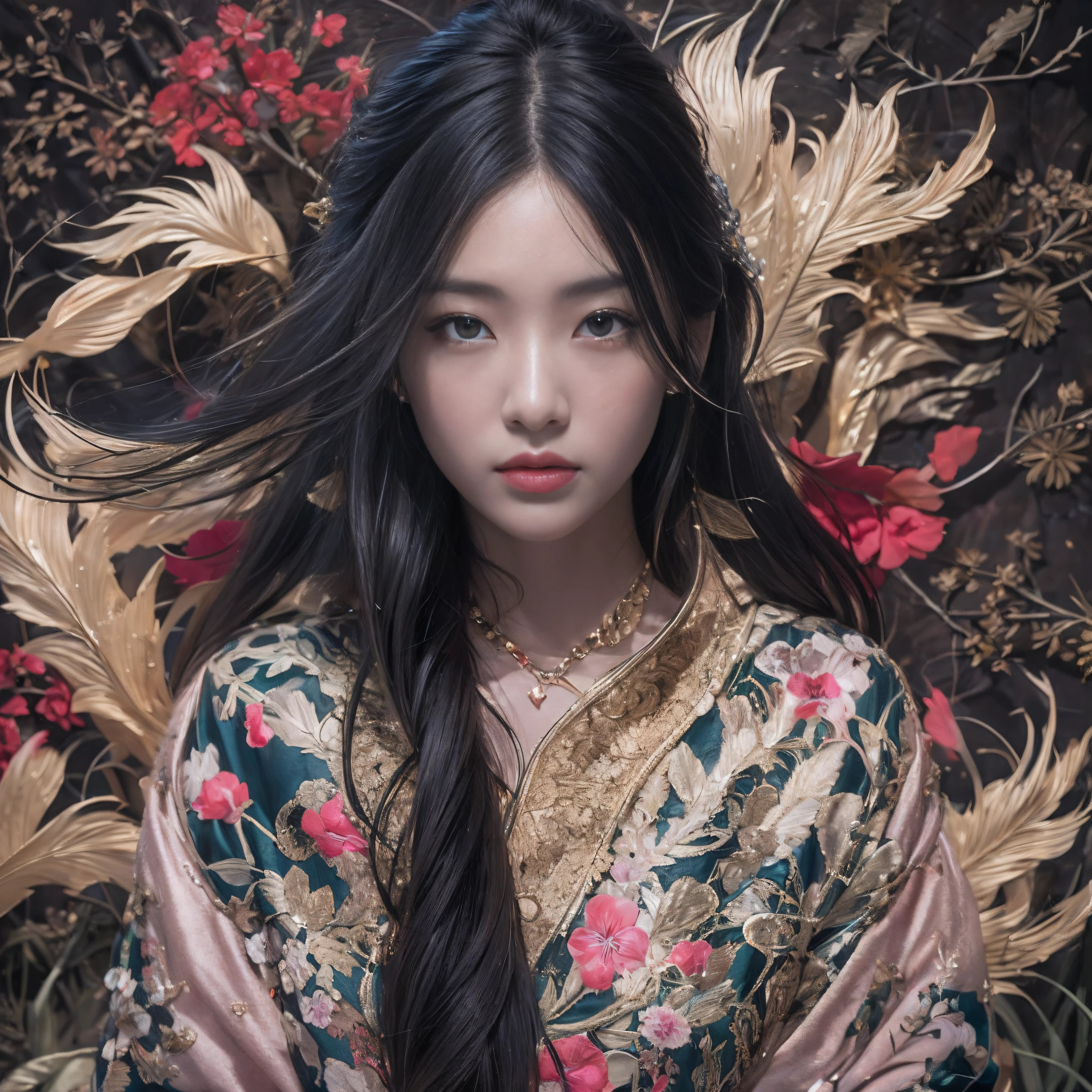 32K(tmasterpiece,k hd,hyper HD,32K)Long flowing black hair,ponds,zydink, a color, Asian people (Silly girl), (Silk scarf), Combat posture, looking at the ground, long whitr hair, Floating hair, Carp pattern headdress, Chinese long-sleeved clothing, (abstract ink splash:1.2), Pink petal background,Tulips flying(realisticlying:1.4),Black color hair,Fallen leaves flutter,The background is pure, A high resolution, the detail, RAW photogr, Sharp Re, Nikon D850 Film Stock Photo by Jefferies Lee 4 Kodak Portra 400 Camera F1.6 shots, Rich colors, ultra-realistic vivid textures, Dramatic lighting, Unreal Engine Art Station Trend, cinestir 800,Long flowing black hair