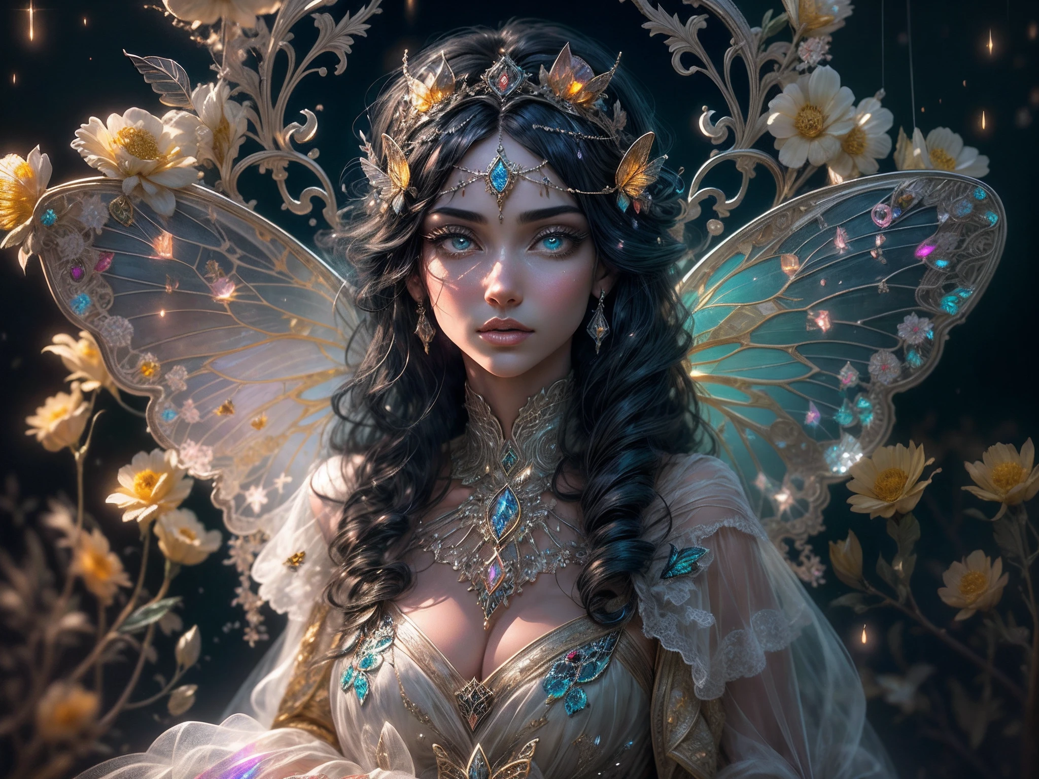 This is a realistic fantasy masterpiece with lots of shimmer, glitter, and intricate ornate detail. Generate one ite woman with a beautiful and delicate crown sitting on a garden swing at night. She is a beautiful and seductive butterfly queen with stunning curly black hair, (((incredibly realistic and detailed dynamic eyes in bright colors with realistic shading))).  Her skin is translucent white, her eyes sparkle, and her dress is elegant. Her dress is spun of the finest gossamer silk with delicate, intricate, and subtle floral detailing and gold silk butterfly sleeves. Her face is lovely and lonely. Include glow-in-the-dark flowers, lots of particles, highly realistic fantasy butteflies with translucent jewel-toned wings and fine detailing, and glow. The artwork is done in the style of Guviz and brings to mind masters in the genre such as trending fantasy works on Artstation and Midjourney. Camera: Utilize dynamic composition techniques to emphasize etherealness and delicate detail.