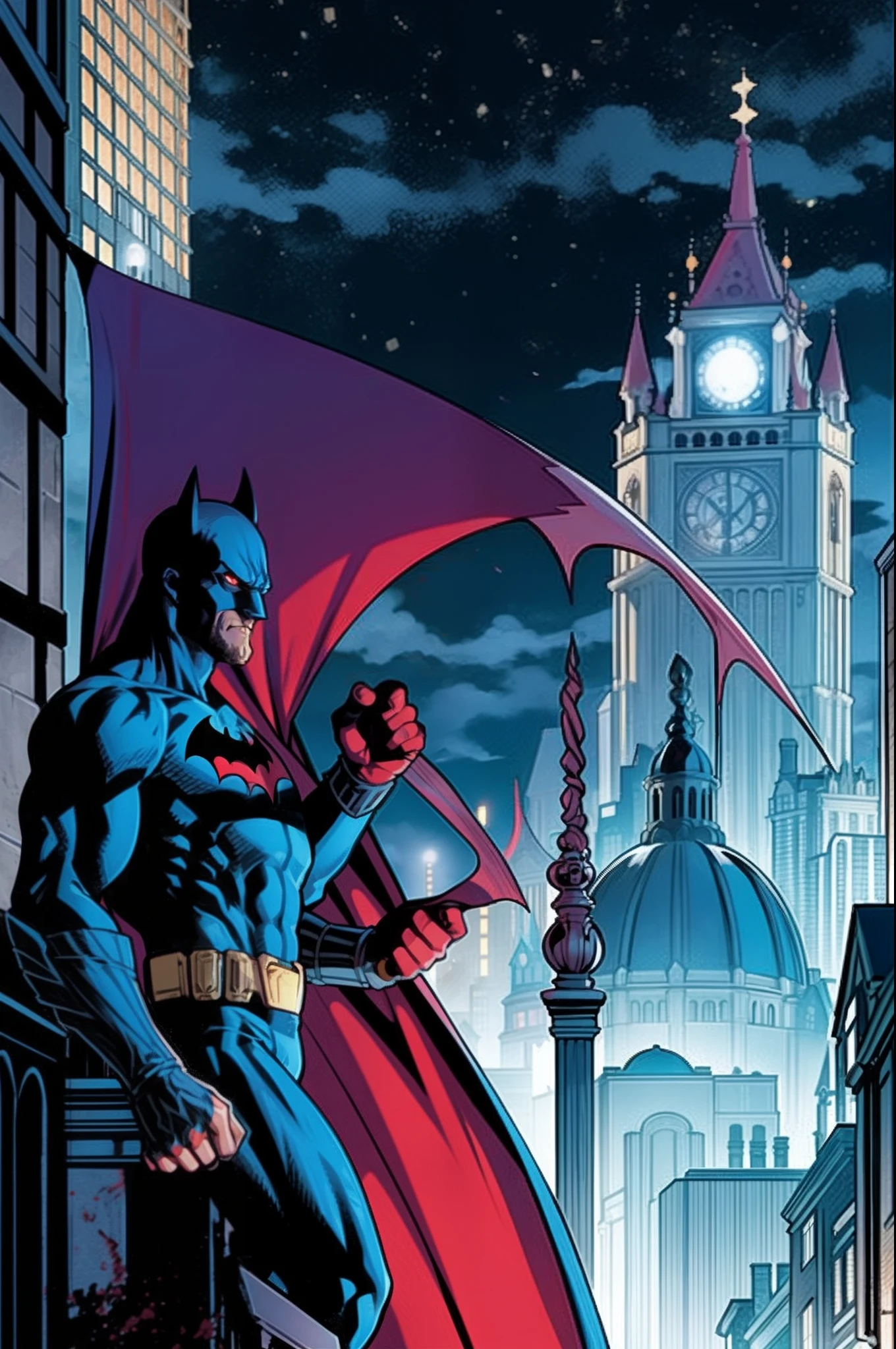 Batman stands on the terrace of the Gotham City Police Station building next to a Gargoyle made of concrete that makes the terrace. There is a lot of blood around him and he watches intently looking for the causes of this mystery. Bataman is going strong, olhos brilhantes , His uniform also has blood remnants from the fight he had earlier with cyber vampires at Dracula's behest. Is Dracula hiding on the terrace where Batman is found??