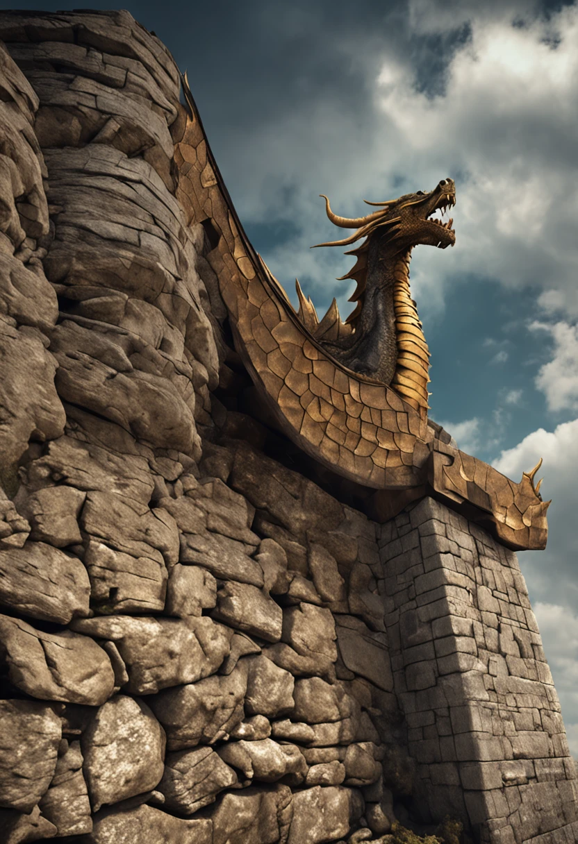 humanoid dragon high in a stone tower with dark oak roof, cuspindo fogo em um vilarejo medieval de cor dourado, cercado por uma muralha rustica de ouro puro e detalhes de pedras negras