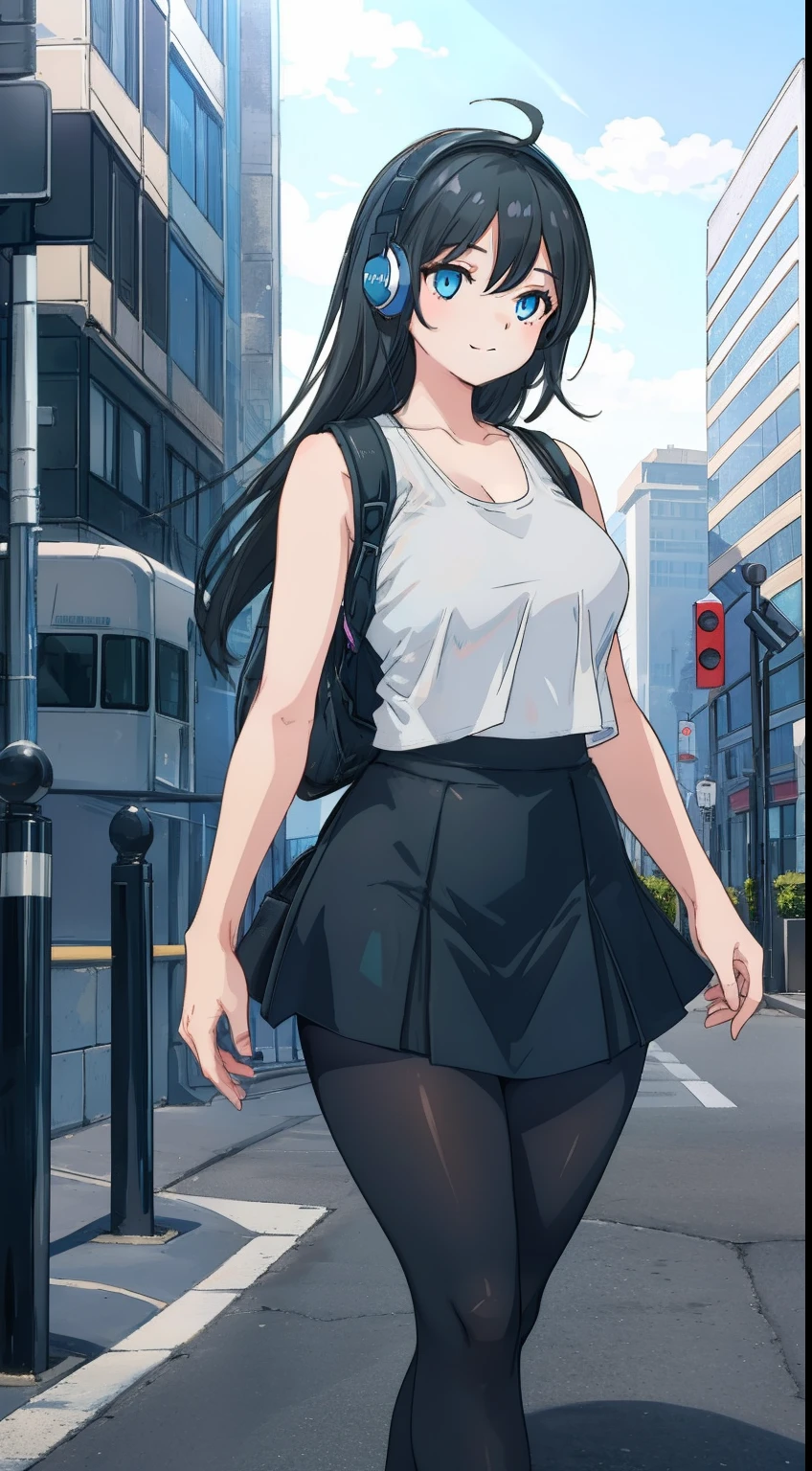 Girl, Long Black Hair, Slightly Grey, a little bit thicc, Blue-Grey Tank Top, Black Leggings, White Skirt, Headphones, Blue Eyes, Walking On Street, Smiling, White Skirt, backpack, a bit bigger thighs and hips, Headphones, hourglass figure,