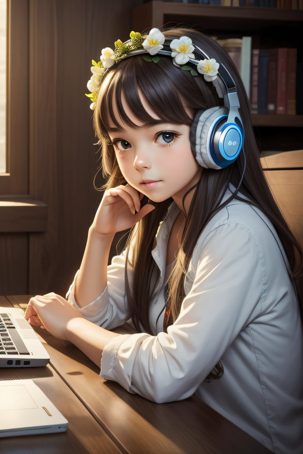 Starting craft with prompt: ((masterpiece)), best quality, solo, detailed background, facing viewer, 1girl, headphones, flower crown, computer hacker