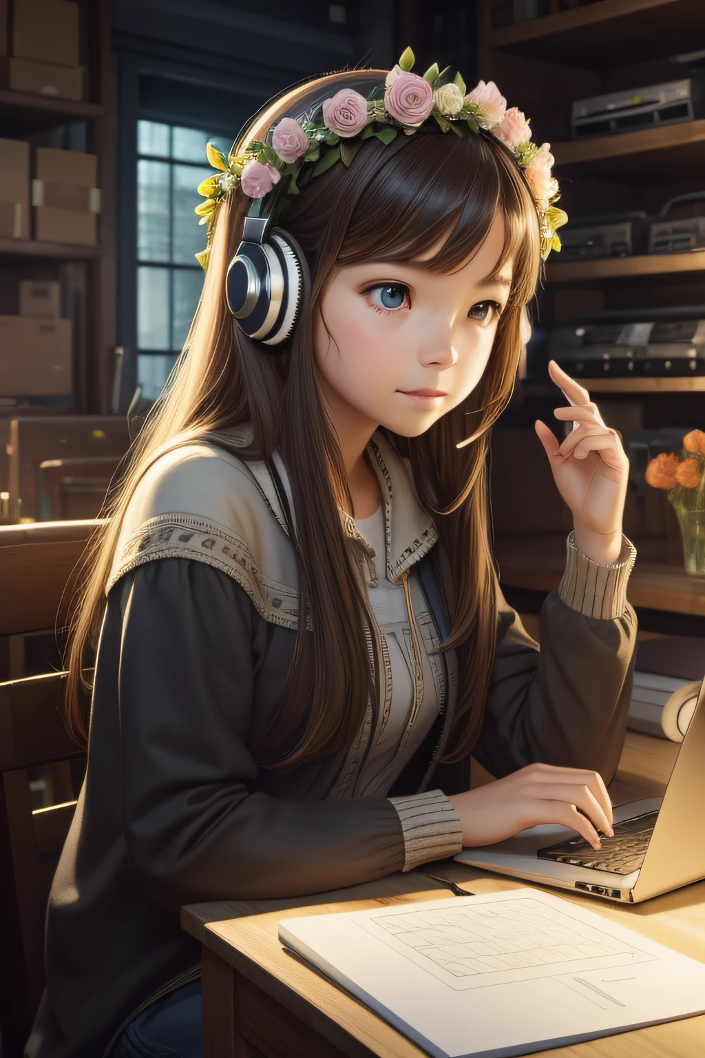 Starting craft with prompt: ((masterpiece)), best quality, solo, detailed background, facing viewer, 1girl, headphones, flower crown, computer hacker