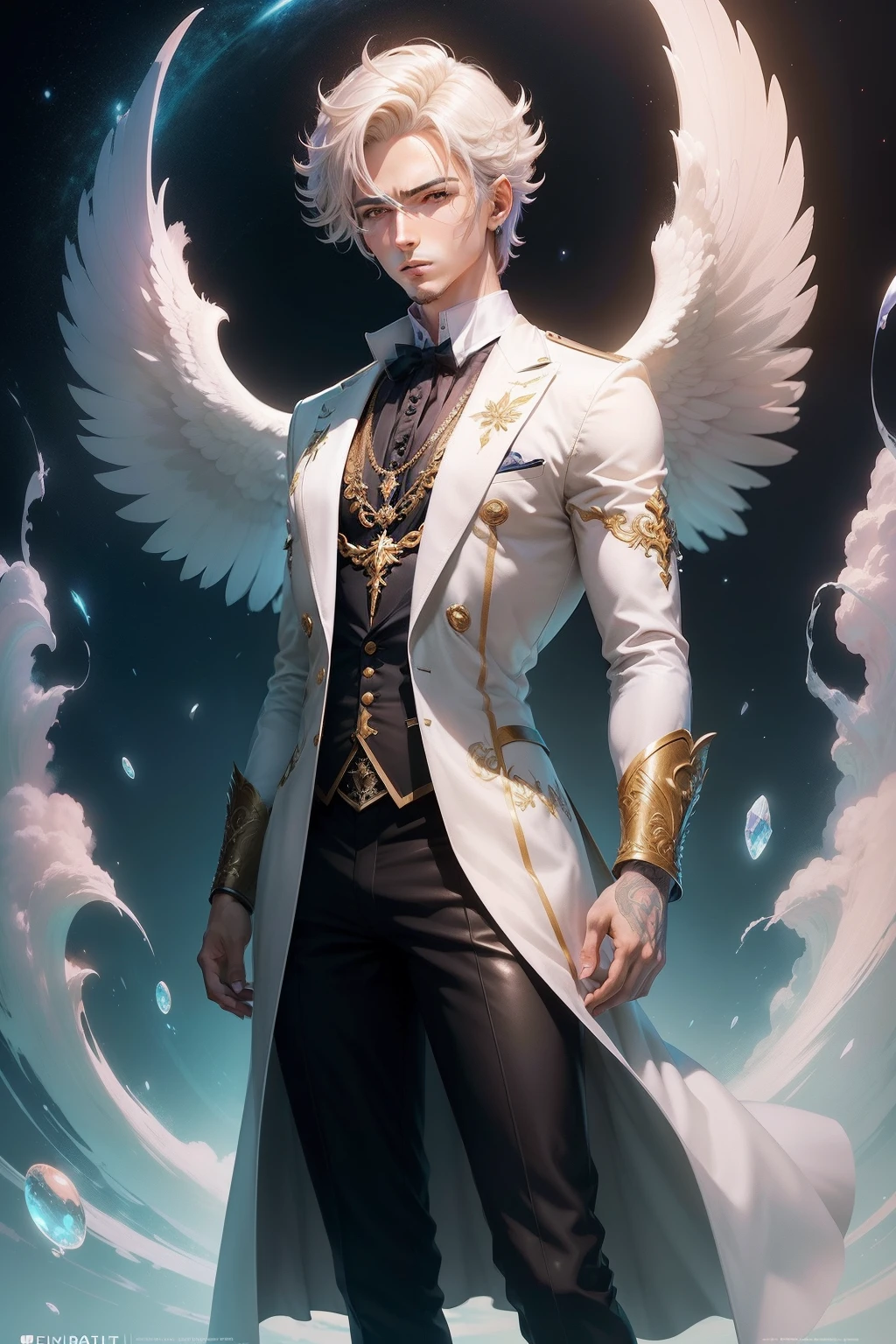(((Obra-prima))), melhor qualidade, detalhes ultra-realistas, anime illustration, personagem masculino angelical, mundo de fantasia, estilo anime, cores vibrantes.
