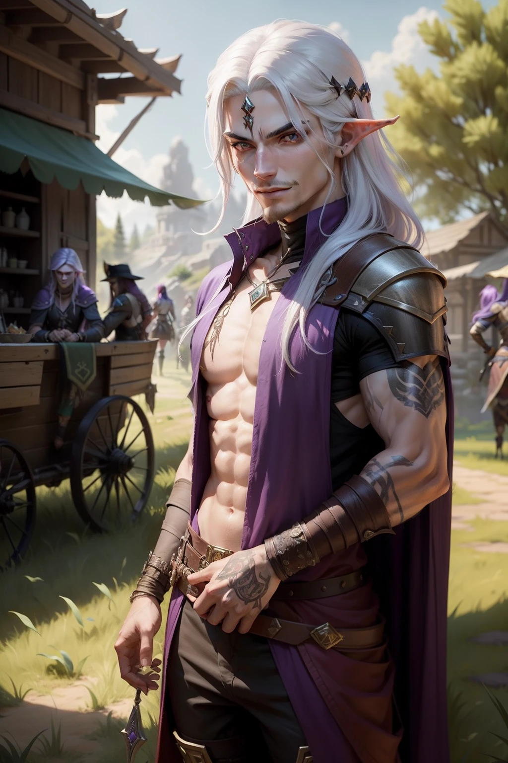 One young half-blood elf, A bandit with a brazen grin and a dagger in his hands, with pale skin and long purple hair, lean, but muscular, hiding in the grass, An infiltrator with a dagger in his hand and a bandage on his face, Hide and wait for the cart of merchants,