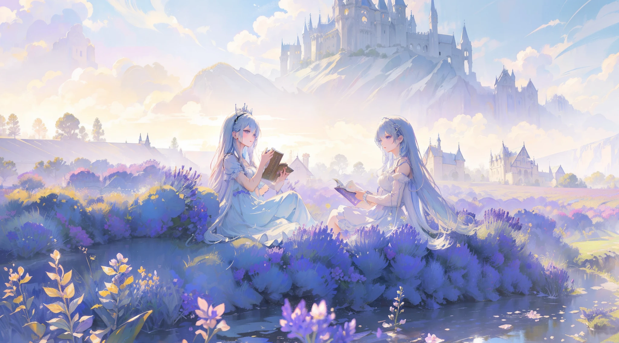 Two anime girls sitting in the field of lavender in front of fantasy castle, one with white haired long braids and wearing blue princess dress and another one is blue haired long side ponytail and wearing deep violent dress , ((both long hair )), shining hair deity, 8k detailed high quality artwork, fantasy artwork, anime fantasy artwork, high quality fantasy art,detailed hair and dress,detailed fantasy background, beautiful anime artwork, girls in cute dress,one with silver hair and another one is with blue hair, masterpiece art,detailed background, high quality wallpaper, flower field background , elegant and delicate girls,reading book pose, tea party,different hair colour,yuri,one girl is white hair and another one is blue