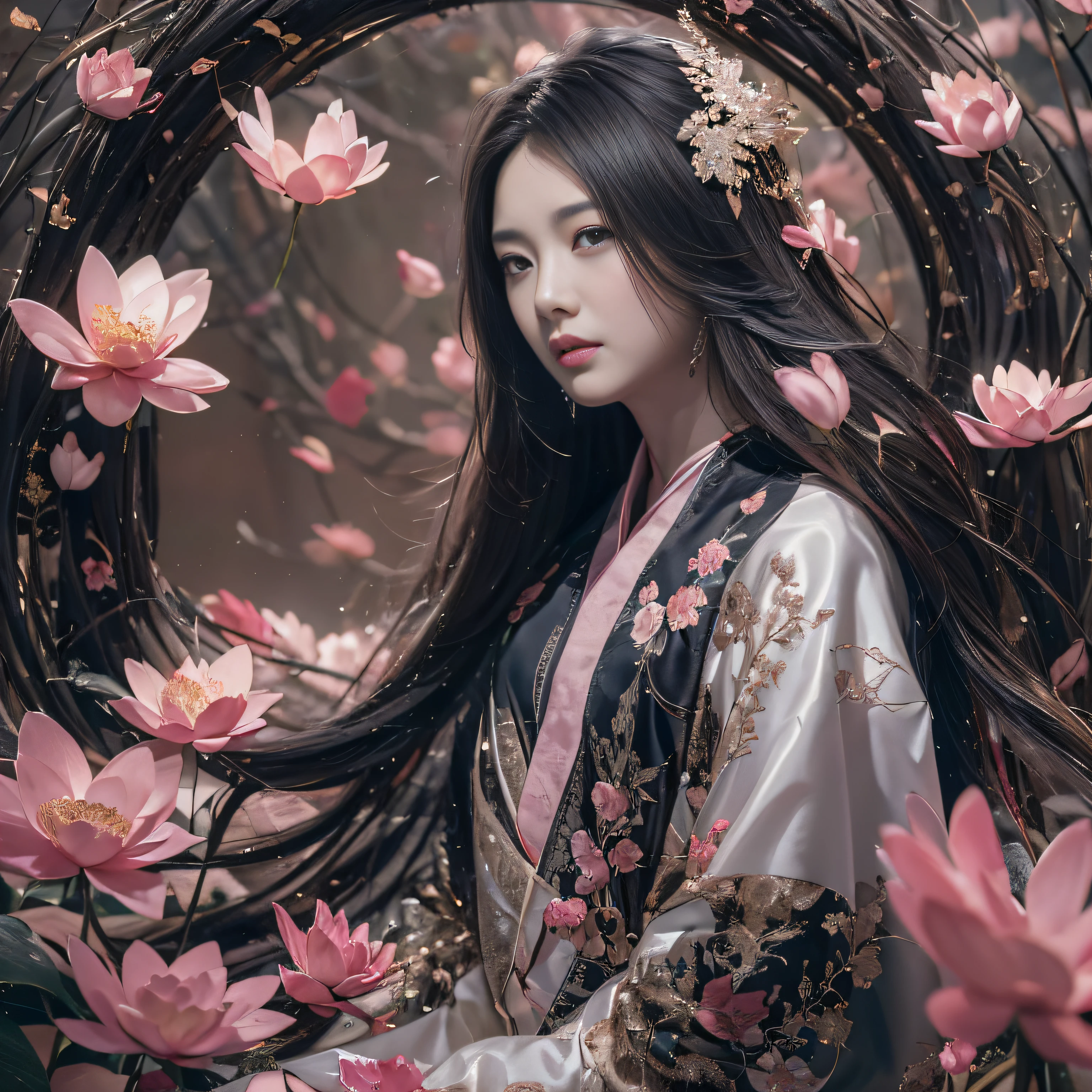 32K(tmasterpiece,k hd,hyper HD,32K)Long flowing black hair,ponds,zydink, a color, Asian people (Silly girl), (Silk scarf), Combat posture, looking at the ground, long whitr hair, Floating hair, Carp pattern headdress, Chinese long-sleeved clothing, (abstract ink splash:1.2), Pink petal background,Pink and white lotus flowers fly(realisticlying:1.4),Black color hair,Fallen leaves flutter,The background is pure, A high resolution, the detail, RAW photogr, Sharp Re, Nikon D850 Film Stock Photo by Jefferies Lee 4 Kodak Portra 400 Camera F1.6 shots, Rich colors, ultra-realistic vivid textures, Dramatic lighting, Unreal Engine Art Station Trend, cinestir 800,Long flowing black hair