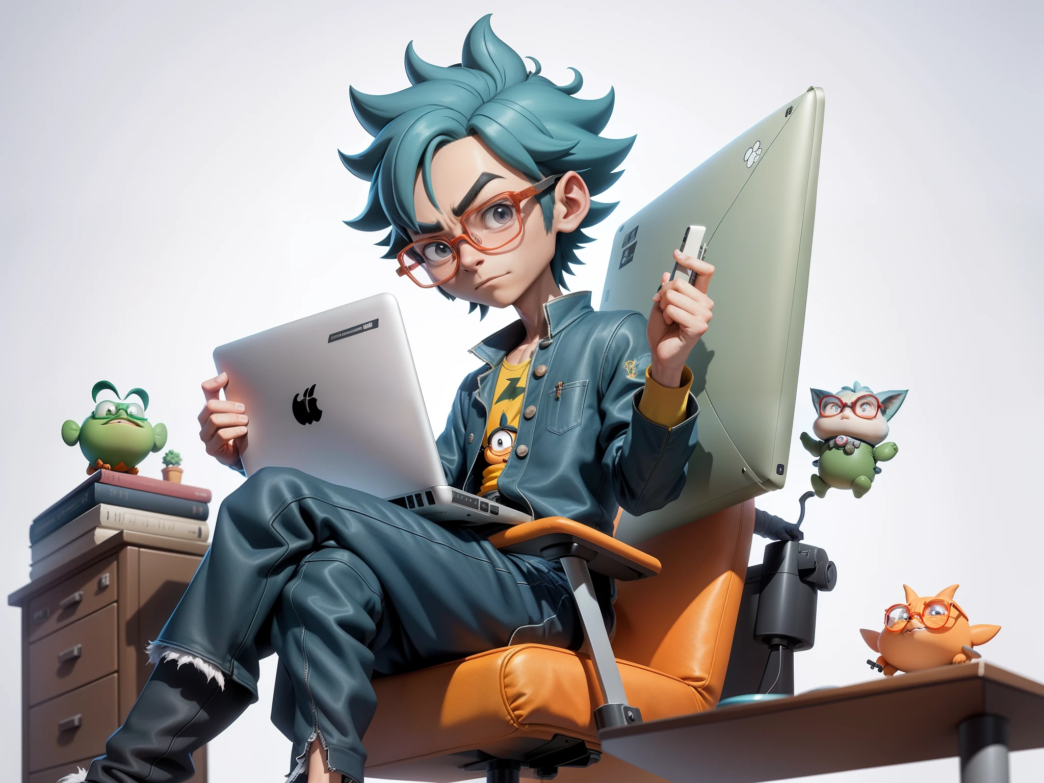 A young man with glasses sits at his desk,holding laptop,digitial painting,3D character design by Mark Clairen and Pixar and Hayao Miyazaki and Akira Toriyama,4K HD illustration,Very detailed facial features and cartoon-style visuals。