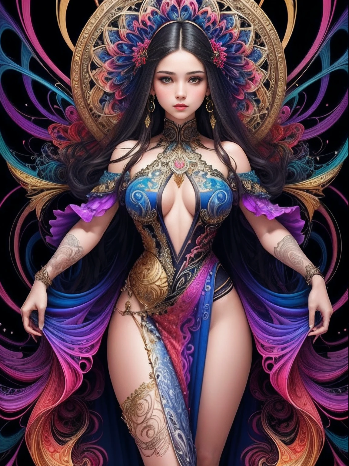 (masterpiece, top quality, best quality, official art, beautiful and aesthetic:1.2), (1girl:1.3), extremely detailed,(fractal art:1.2),colorful,highest detailed,(zentangle:1.2), ((dynamic pose)), (abstract background:1.5), (traditional dress:1.2), (shiny skin), (many colors:1.4)