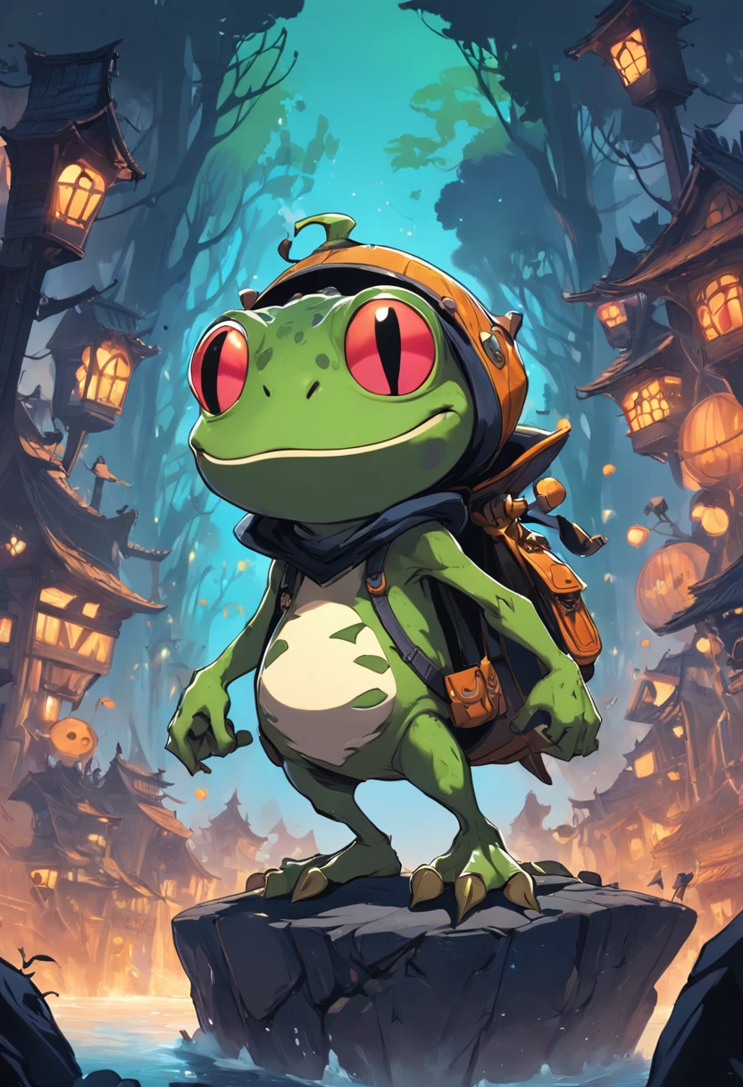 Rob Gonsalves/world of warcraft/cuphead art style, vector, graffiti, logo design, full body illustration of an Anthropomorphic drawing of a frog Man in silhouette::1.0 wearing a skull mask, wearing hip hop hammers and diamonds apparel, model pose, background fashion runway, minimalistic design, rtx, UHD, cell shading, 32k, ray tracing, well defined, cartoon, realistic, drawing, unreal engine 5, octane render, shaders, 3d