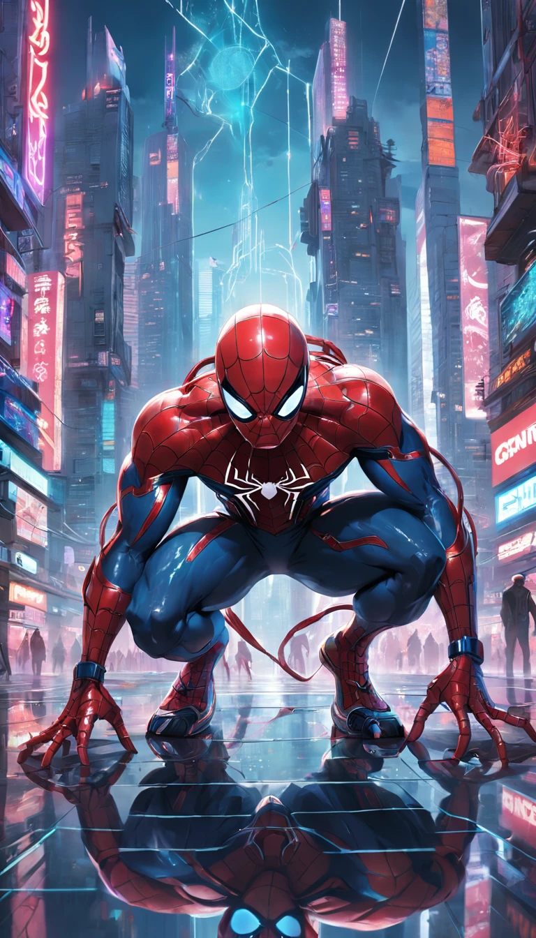 Get ready to witness the merging of the worlds of Spider-Man and Cyberpunk in one breathtaking image. Nesta obra-prima visual em 8K, You will be transported to a futuristic and dystopian environment, where the iconic Marvel hero gets a new look.

O Homem-Aranha surge em uma paisagem urbana imponente, dominated by gigantic skyscrapers and holographic advertisements that shine brightly. The neon lights reflect off his cybernetic armor, creating a striking contrast between the hero's characteristic red and blue and the oppressive darkness of the environment.

Seu traje, remodelado para se adequar ao estilo Cyberpunk, features metallic details and futuristic lines, combining functionality and futuristic aesthetics. The advanced fabric, adornado com circuitos luminosos, it seems to pulsate with electronic energy as Spider-Man prepares to face the challenges of this chaotic world.

The surrounding city is full of characteristic elements of the Cyberpunk style, como carros voadores, cyber implants, Drones and robots, Adding a unique and technological atmosphere to the image. The contrast between the grandeur of the buildings and the presence of Spider-Man in the midst of this dystopian landscape conveys a sense of solitary heroism and resilience against adversity.

A qualidade impressionante em 8K permite que cada detalhe seja visualizado com clareza e realismo, from the intricate webs cast by Spider-Man to every reflection and texture in the futuristic environment.

Get ready to marvel at this epic junction between the Spider-Man universe and the Cyberpunk aesthetic, in an image that will captivate your imagination and transport you to a world where action, a tecnologia e a aventura se unem em perfeita harmonia.