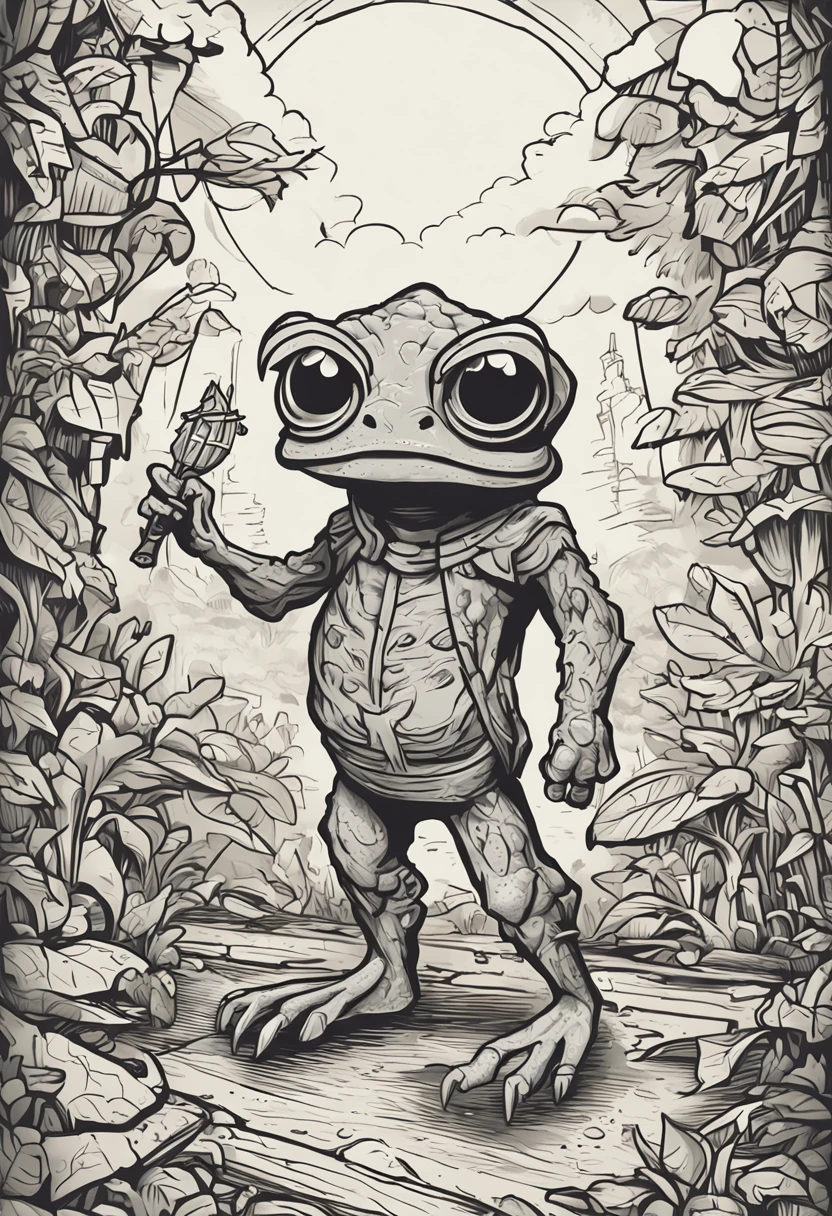 Rob Gonsalves/world of warcraft/cuphead art style, vector, graffiti, logo design, full body illustration of an Anthropomorphic drawing of a frog Man in silhouette::1.0 wearing a skull mask, wearing hip hop hammers and diamonds apparel, model pose, background fashion runway, minimalistic design, rtx, UHD, cell shading, 32k, ray tracing, well defined, cartoon, realistic, drawing, unreal engine 5, octane render, shaders, 3d