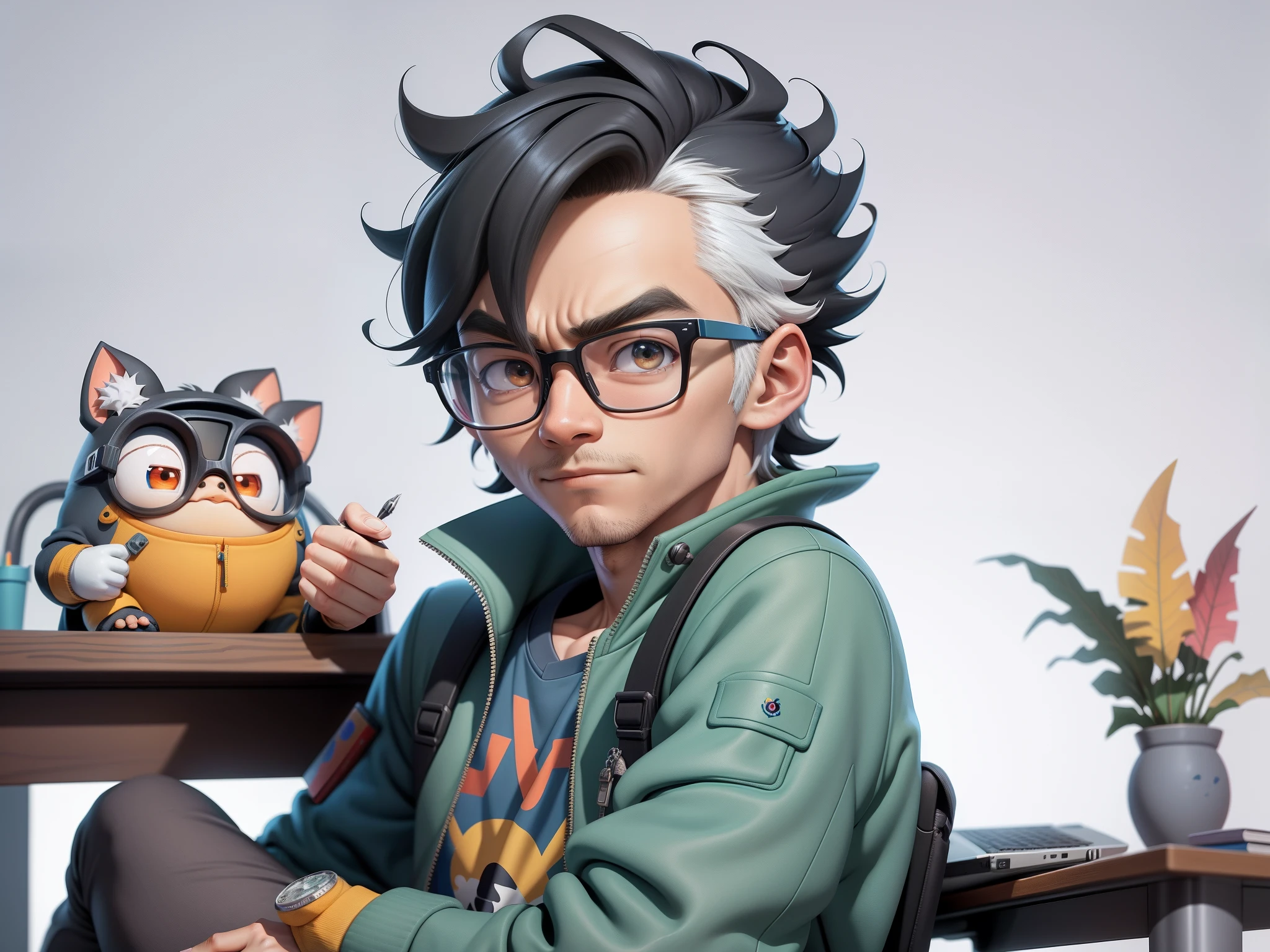 A young man with glasses sits at his desk,holding laptop,digitial painting,3D character design by Mark Clairen and Pixar and Hayao Miyazaki and Akira Toriyama,4K HD illustration,Very detailed facial features and cartoon-style visuals。