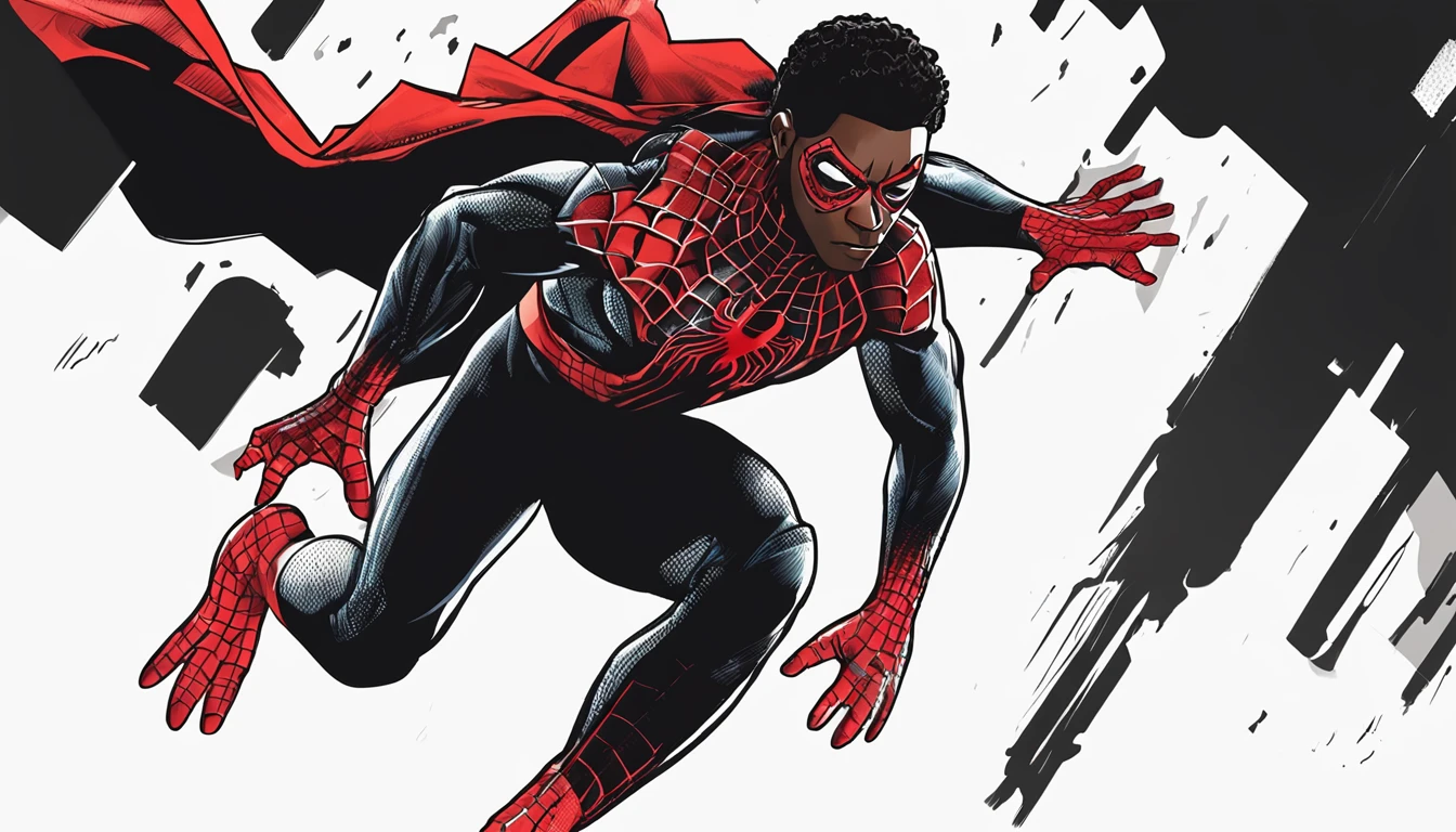 Miles Morales, barnet, (pequeno bonito:1.1), Standing, Olhando para o Viewer, in action, incredibly fine illustrations, alta resolução, fundo branco, fundo simples, SolidBackground