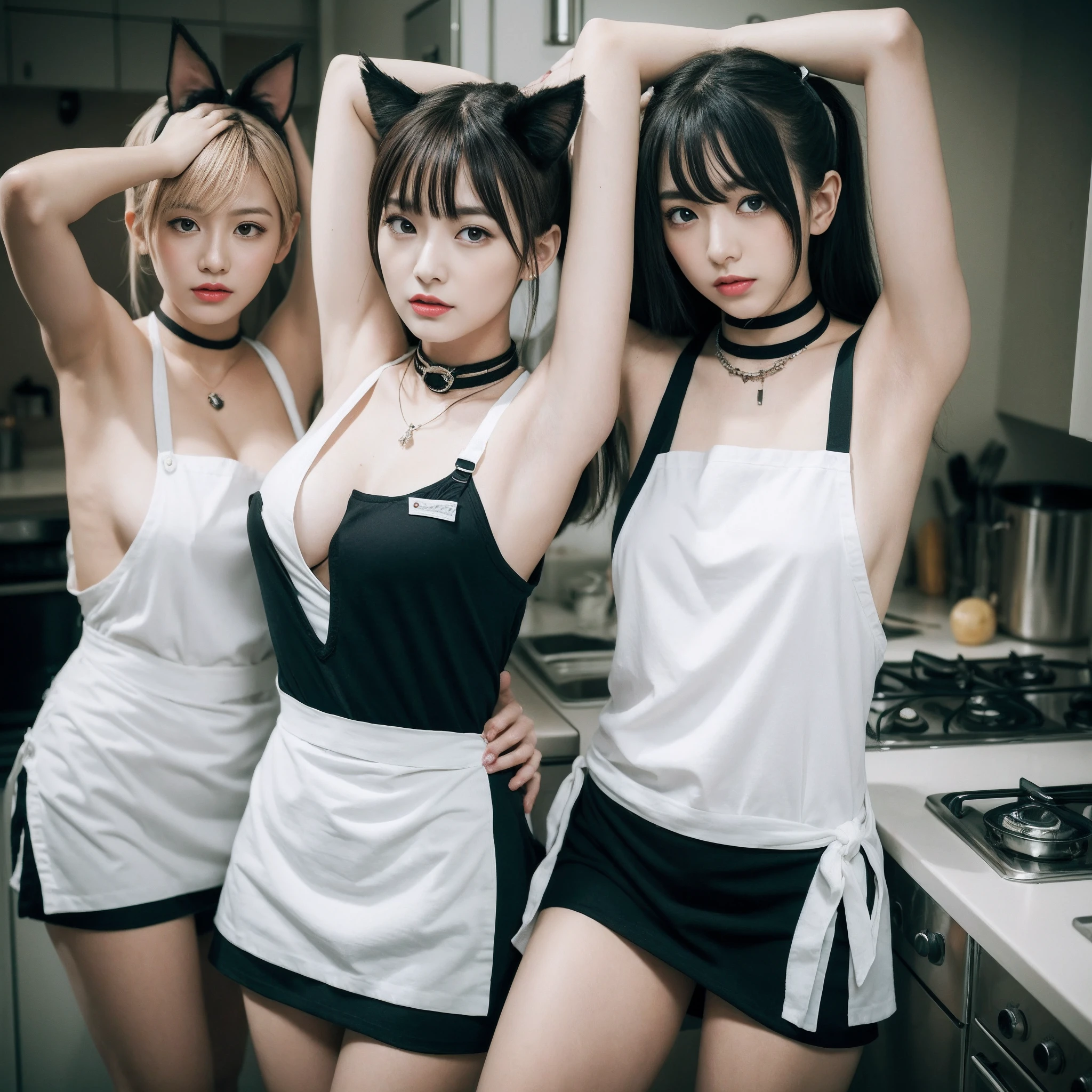 masterpiece、1girl、Woman in apron posing in kitchen、flawless anatomy、Beautiful Asian Woman、Symmetrical limbs、Five fingers of a person、Realistic kitchen、Apron on sexy skin、Sexy look on camera、big chest、Double eyelids、16K、maximum quality、beautiful korean woman、good hand、 goddess of Japan、Lustrous skin、an ultra realistic、Photo from the knee up, 2 girls, , armpit, blonde, necklace, black stocking, hand stocking, big boobs, cat ears, tail fox, big ass, armpit, emo, emo style, rock style, choker