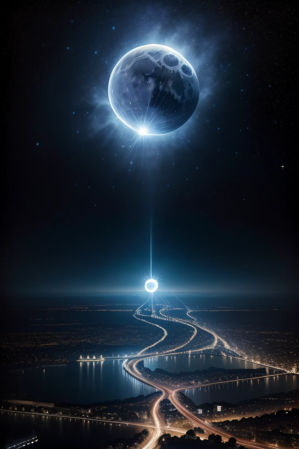 Super Blue Moon, Fine details, Hyper-realistic, sky, Starry sky, Realistic night sky, Cornelis Norbertus Gisbrecht, Yayoi Kusama, Vincent van Gogh, Starry night, Moonlit night on the Dnieper, Night sky, Soft light, low key lighting, Starry night, Starburst, Aerial view of the night sky