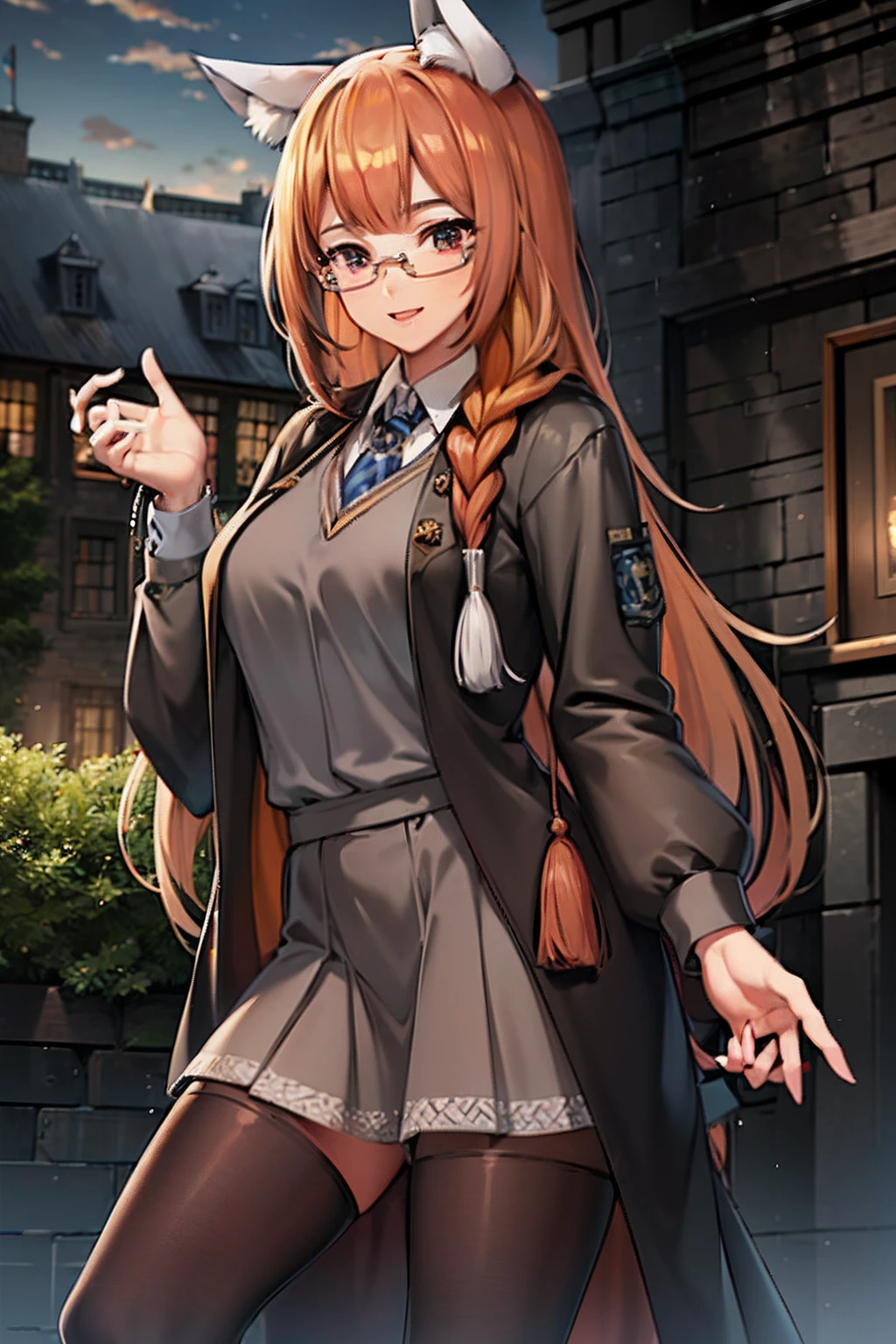 high resolution, best quality: 1.2), brightness, smooth outlines, beautiful drawing, , (masterpiece), 1 girl, beautiful girl, Hogwarts uniform, hogsks, Ravenclaw, brown_hair, big breasts, smile, school dress, short skirt, wolf ears, blue tie, Glasses, Brown hair