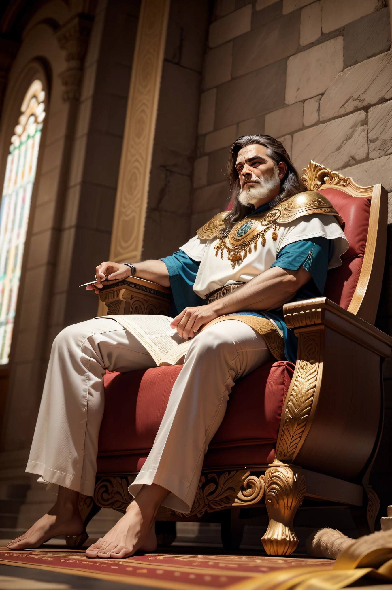uma foto de um rei assinando um decreto, historia de fundo: trono do rei, Representação bíblica épica de Daniel in the lions den, Senhor das Bestas, Deus olhando para mim, Directed by: Howard Lyon, Senhor da Selva, bible illustration, biblical image, Directed by: Leonardo Longo, Rei da selva, prophetic art