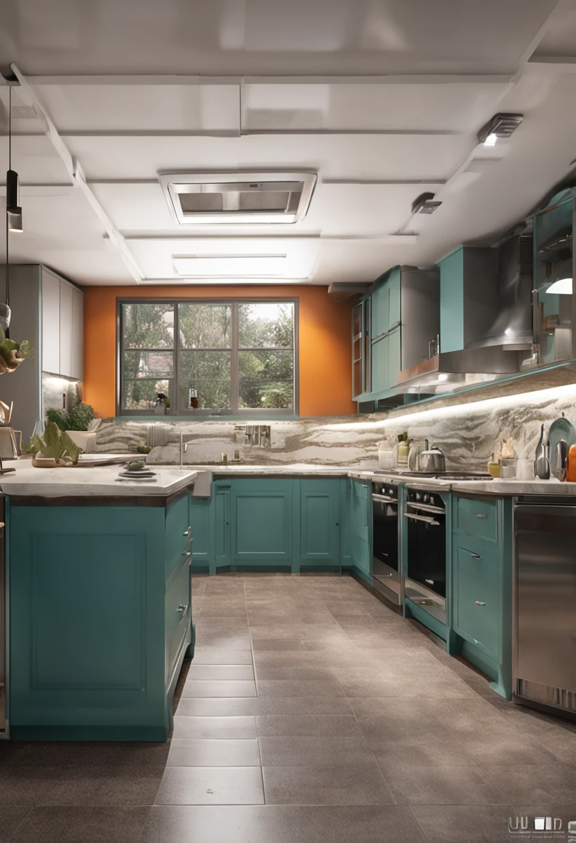 modern kitchen,Gorgeous renovation,Refrigerator,cupboard,Wide scene,in a panoramic view,from outside, UHD, high details