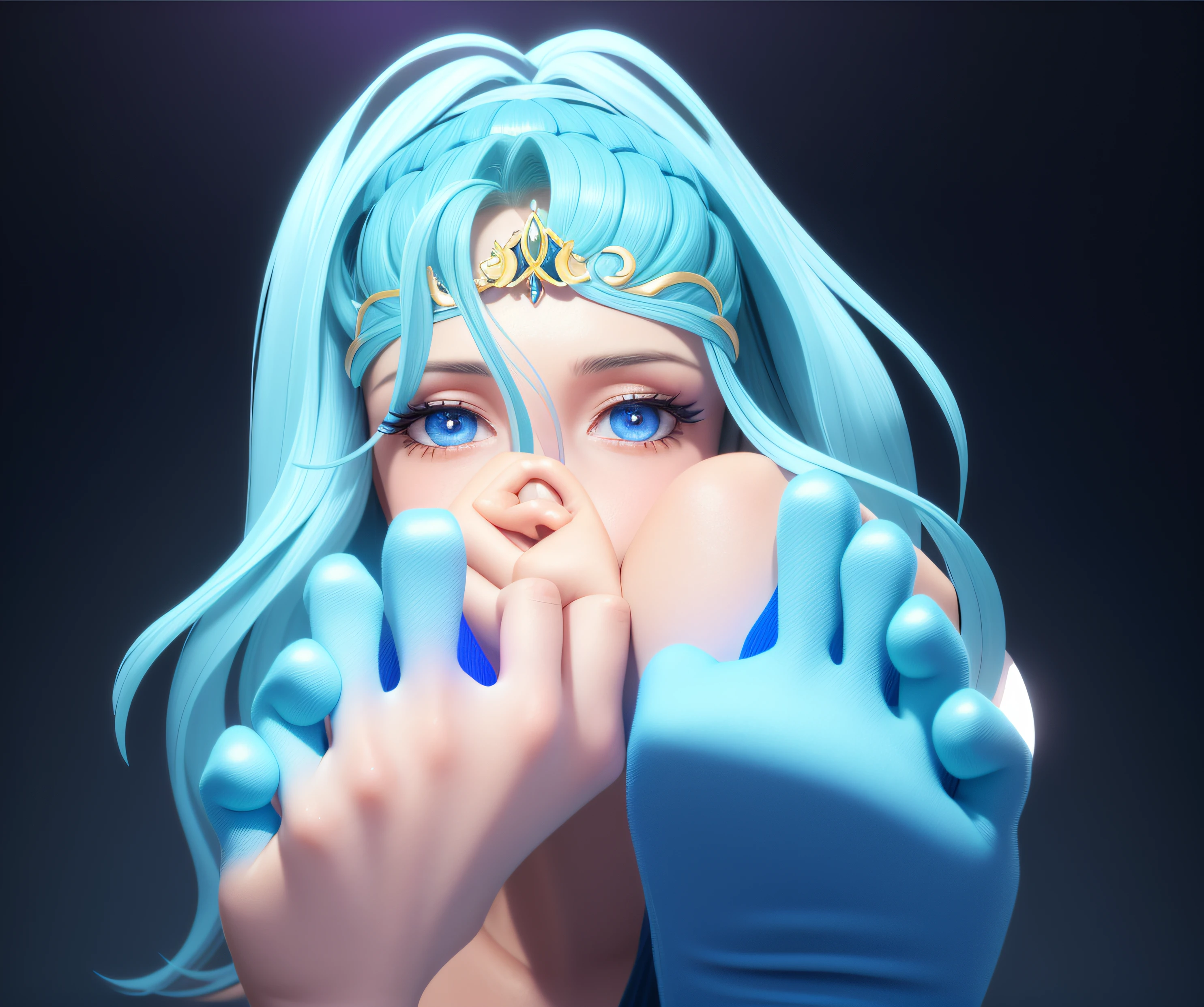 hermosa mujer de cabello rubio, ojos azules, plantas de los pies en primer plano, lleva una tiara dorada en la frente, alto detalle, estilo realista, parece un render 3d, fondo oscuro,