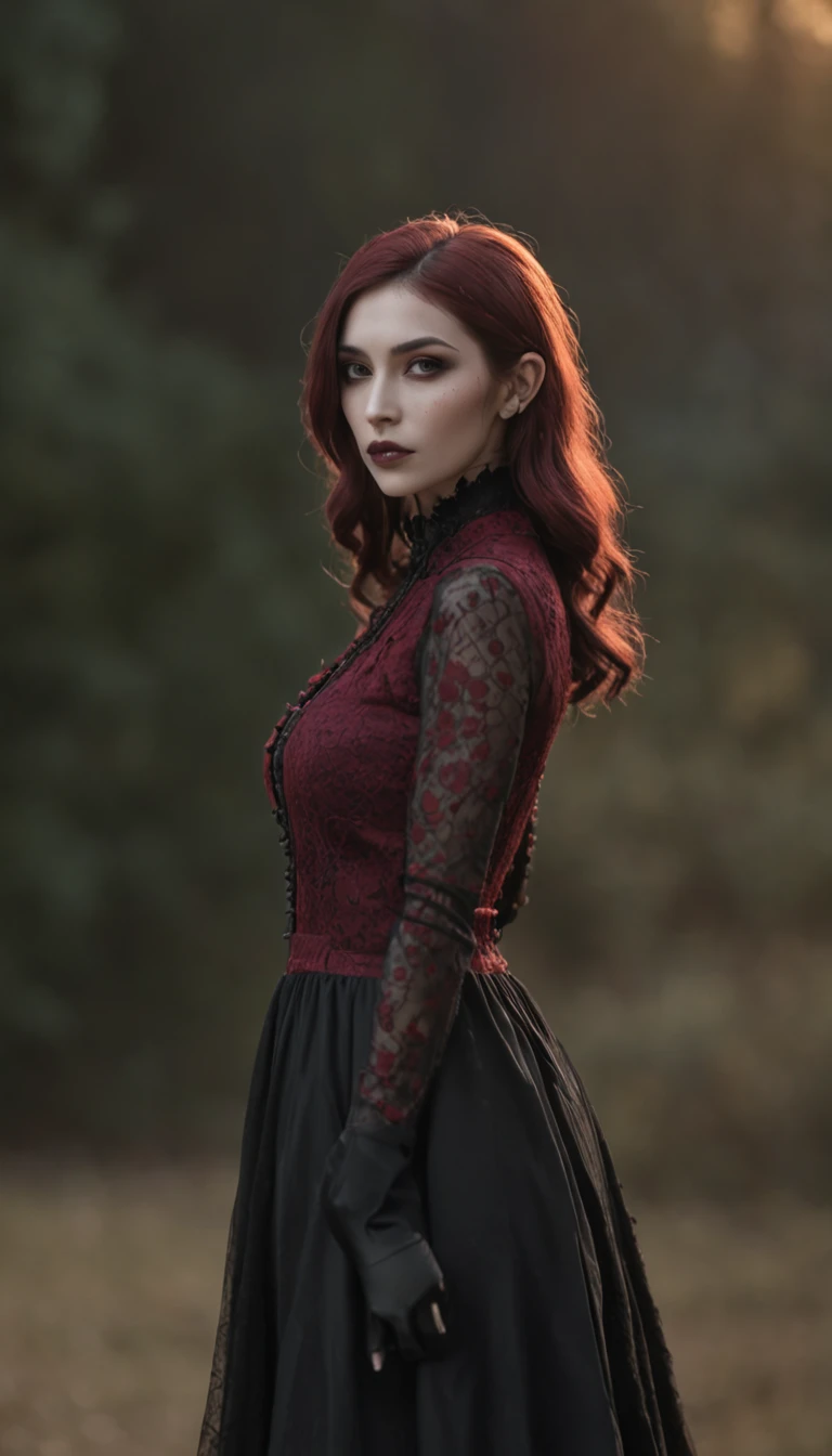 ((goth woman)), (((cuerpo compleo))), (((pose dinamica))), (((Hermosa reina vampiro))), chica vampiro, gothic horror vibes, Hermosa reina vampiro femenina, El arte al estilo de Guvez, dark fantasy mixed with realism, Gothic girl shoujo anime, gothic aesthetic, [Arte digital 4K]，la lengua se relame la sangre de sus labios, cabello largo y ondulado, 8k, Dynamic natural lighting, volumetric mist, hiperrealista, Detalles intrincados, DSLR, alta calidad, Trazado de rayos, NVIDIA RTX, Super-Resolution, Film grain, (((pechos grandes y deallados))), artstation inspiration, luces cinematicas, ((cuerpo completo)), (((chica cuerpo de modelo))), Motor ultra realista con detalles intrincados, long exposure time, rewarded photography, ((((Piernas ultra detalladas)))), (((cintura ultra detallada)))), Ultra-detailed photography with great depth of field, (((calidad superior, obra maestra: 1.3)))), foco nítido: 1. 2, (((Chica extremadamente hermosa con figura perfecta: 1.4)))), analogous colors, Sombras brillantes, Hermoso gradiente, profundidad de campo, Imagen limpia, alta calidad, Alto detalle, luces del atardecer, rayos del sol sobre su rostro, HDR, (((precioso vestido gotico de encajes ultradetallado de colores negros, rojos y dorados))), ((collar de zafiros y rubies digno de una reina))), pecho grande y detallado, piel blanca,