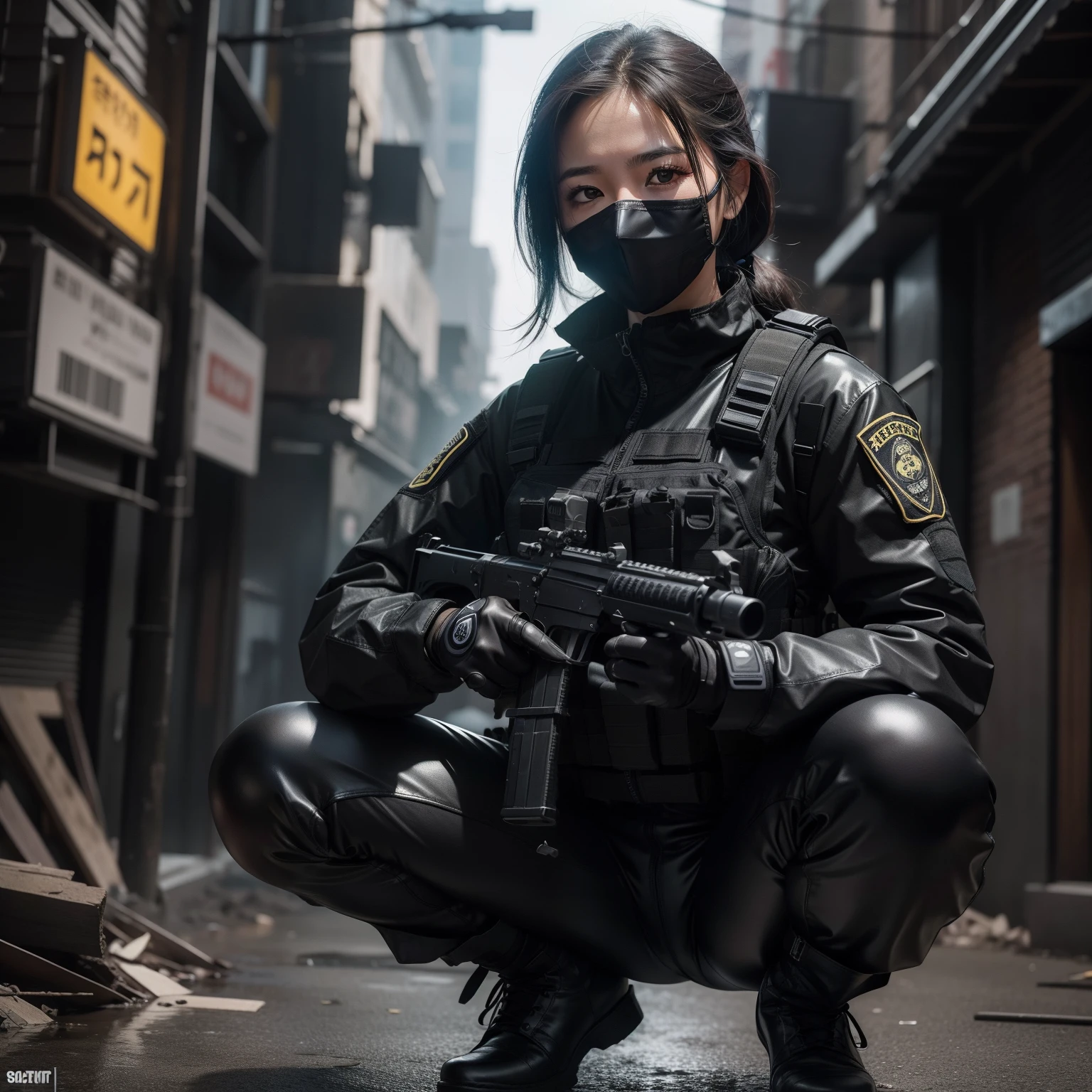 A beautiful Asian woman alone wearing a tactical swat vest she is wearing a Call of Duty ghost mask on her face., She's wearing an extremely tight black latex jumpsuit, detailed body traces, she's wearing a Tactical glove, bota preta, she's in a destroyed city, realista, Very high resolution, qualidade 4k 8k 16k, foco nítido, luz suave, corpo inteiro, Action Pose, armas.