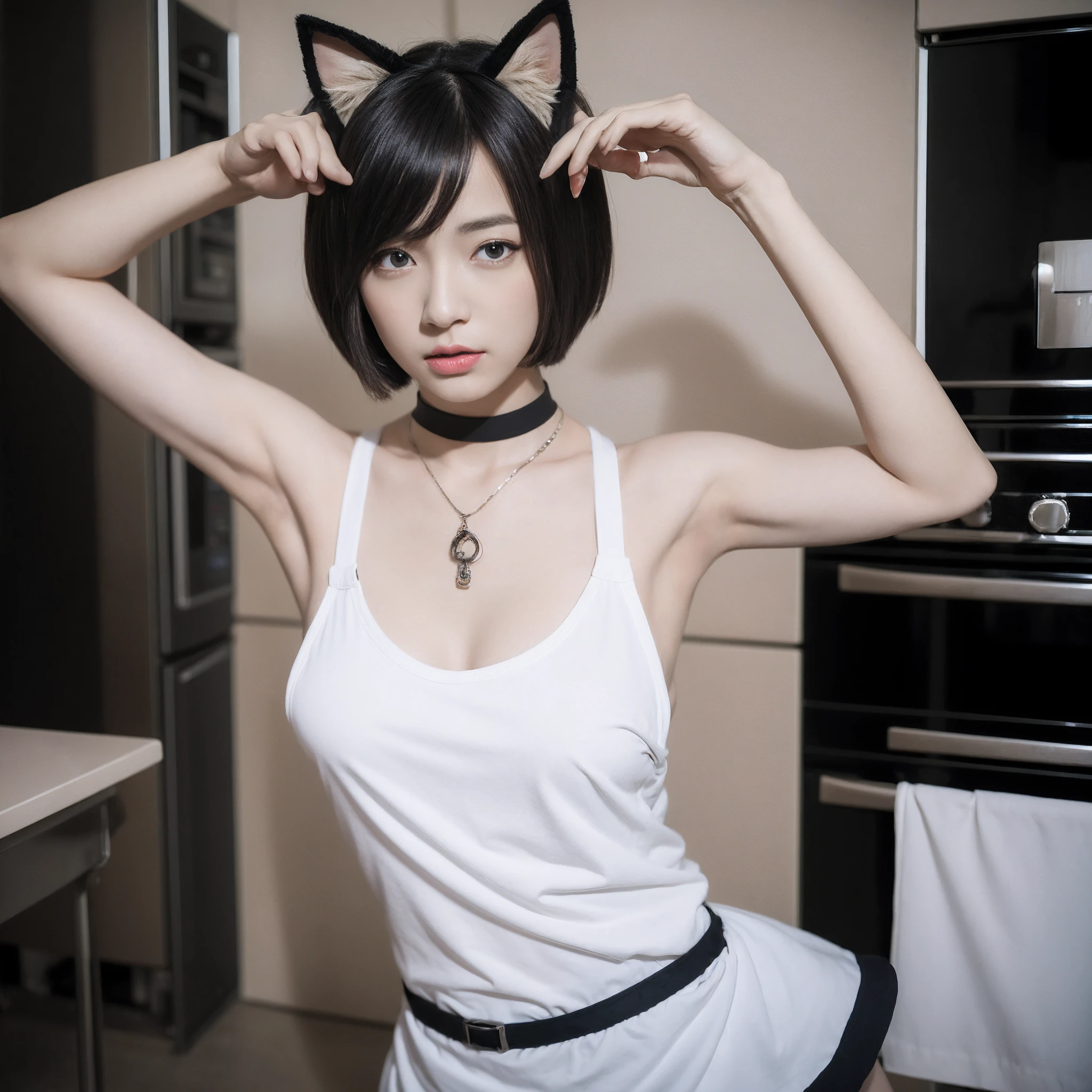 masterpiece、Woman in apron posing in kitchen、flawless anatomy、Beautiful Asian Woman、Symmetrical limbs、Five fingers of a person、Realistic kitchen、Apron on sexy skin、Sexy look on camera、big chest、Double eyelids、16K、maximum quality、beautiful korean woman、good hand、 goddess of Japan、Lustrous skin、an ultra realistic、Photo from the knee up, 3 girls, , armpit, blonde, necklace, black stocking, hand stocking, big boobs, cat ears, tail fox, big ass, armpit, emo, emo style, rock style, choker, looking at viewer, short hair