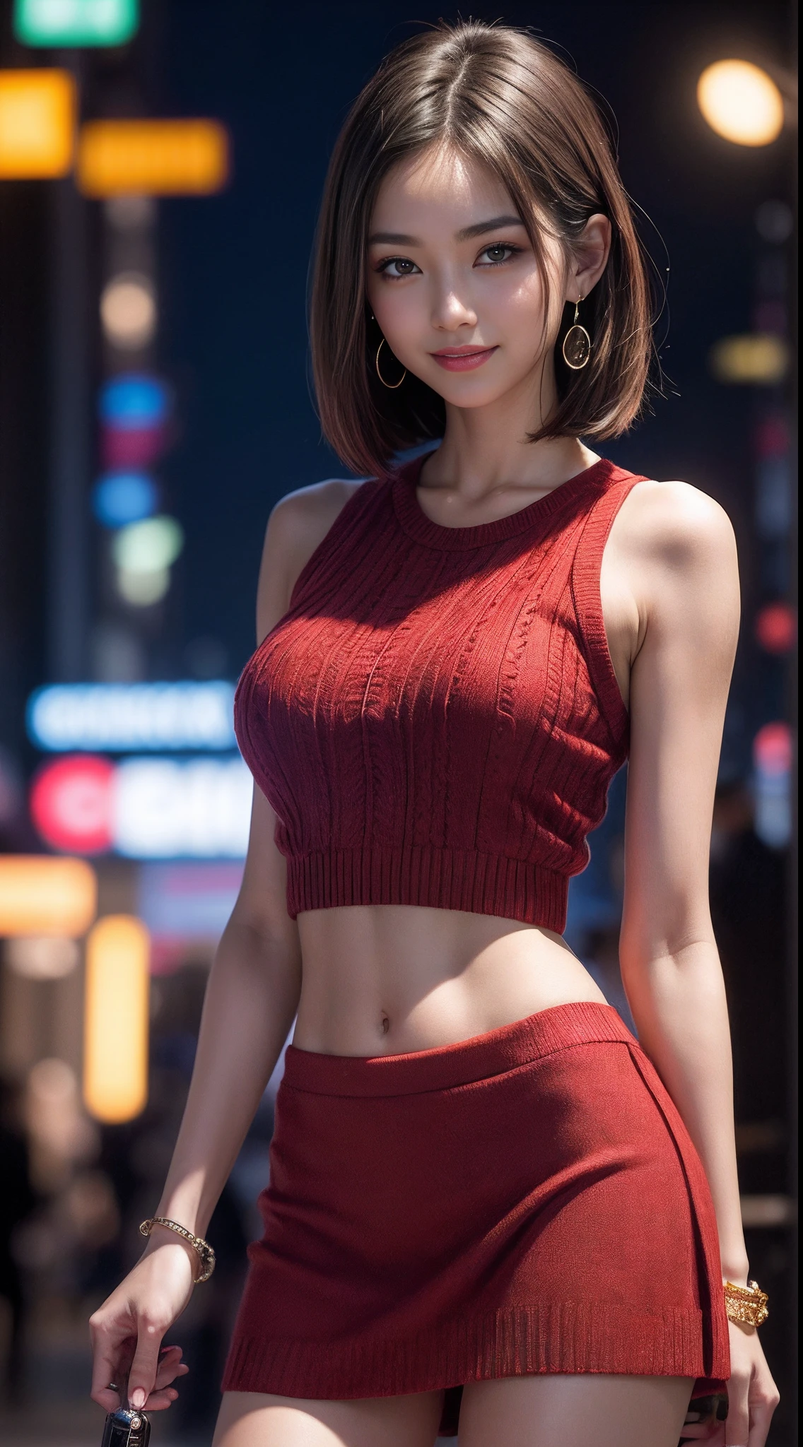 8k, masterpiece, RAW photo, best quality, photorealistic, extremely detailed CG unity 8k wallpaper, Depth of field, Cinematic Light, Lens Flare, Ray tracing, (extremely beautiful face, beautiful lips, beautiful eyes), intricate detail face, ((ultra detailed skin)) 1girl, in the dark, deep shadow, pretty asian girl, 1 girl, (very slim slender fit-muscled body:1.3), ((looking at viewer)),(big smile:1.3), (fashion city night, dark night, (neon sign), (blurred background), street night),(without people in the background:1.3), beautiful earrings, bracelets, necklace, pantyhose, clear eyes, (pale skin), (big eyes), face forward, ((upper body shot)), (looking at viewer:1.3) very slim, medium breasts, (Ultra-realistic, gazing at viewer, short skirt, (hight resolution), (8K), (ighly detailed), (Brown hair, short-hair), (Woman in red short sleeveless sweater, Show the navel), (Slim body)