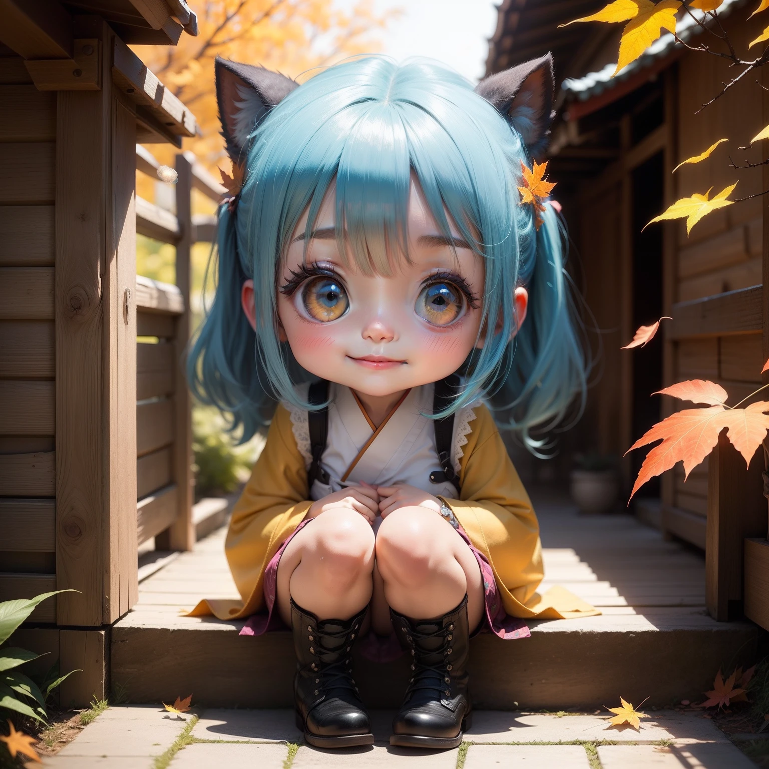 Cute Chibi Anime,(((Super masterpiece、top-quality、ultra-detailliert、1 girl in、Chibi:1.5)))、Fashionable Chibi、fashion modell、Wearing an orange shirt and a long colorful gilet、Laced boots、Japanese garden, Colored leaves🍁🍁🍁,outside of house、The best smile、Looking at the camera、A detailed face、Black skin、highdetailskin、Aqua Blue Sauvage Hair、(Chibi:1.4)、