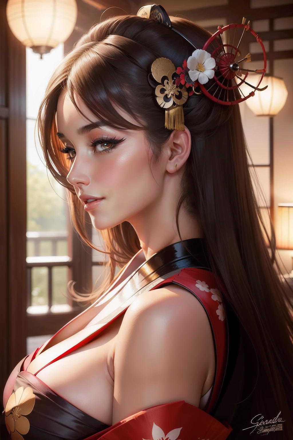 lucy pinder, portrait, profile, geisha, smiling, looking, sexy