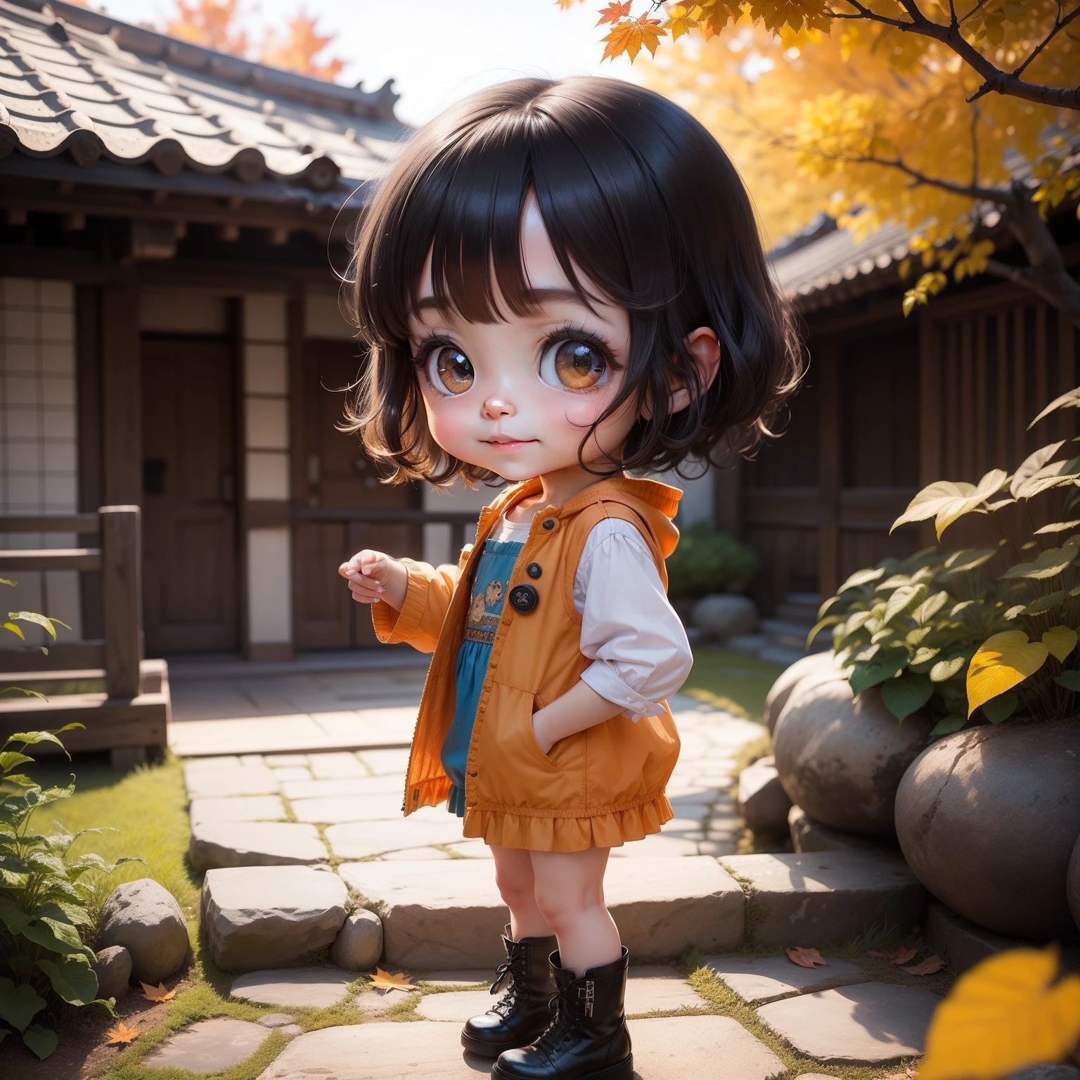 Cute Baby Chibi Anime,(((Super masterpiece、top-quality、ultra-detailliert、1 girl in、Chibi:1.5)))、Fashionable Chibi、fashion modell、Wearing an orange shirt and colorful long gilet、Laced boots、Japanese garden, Colored leaves🍁🍁🍁,outside of house、The best smile、Looking at the camera、A detailed face、Black skin、highdetailskin、Aqua Blue Sauvage Hair、(Chibi:1.4)、