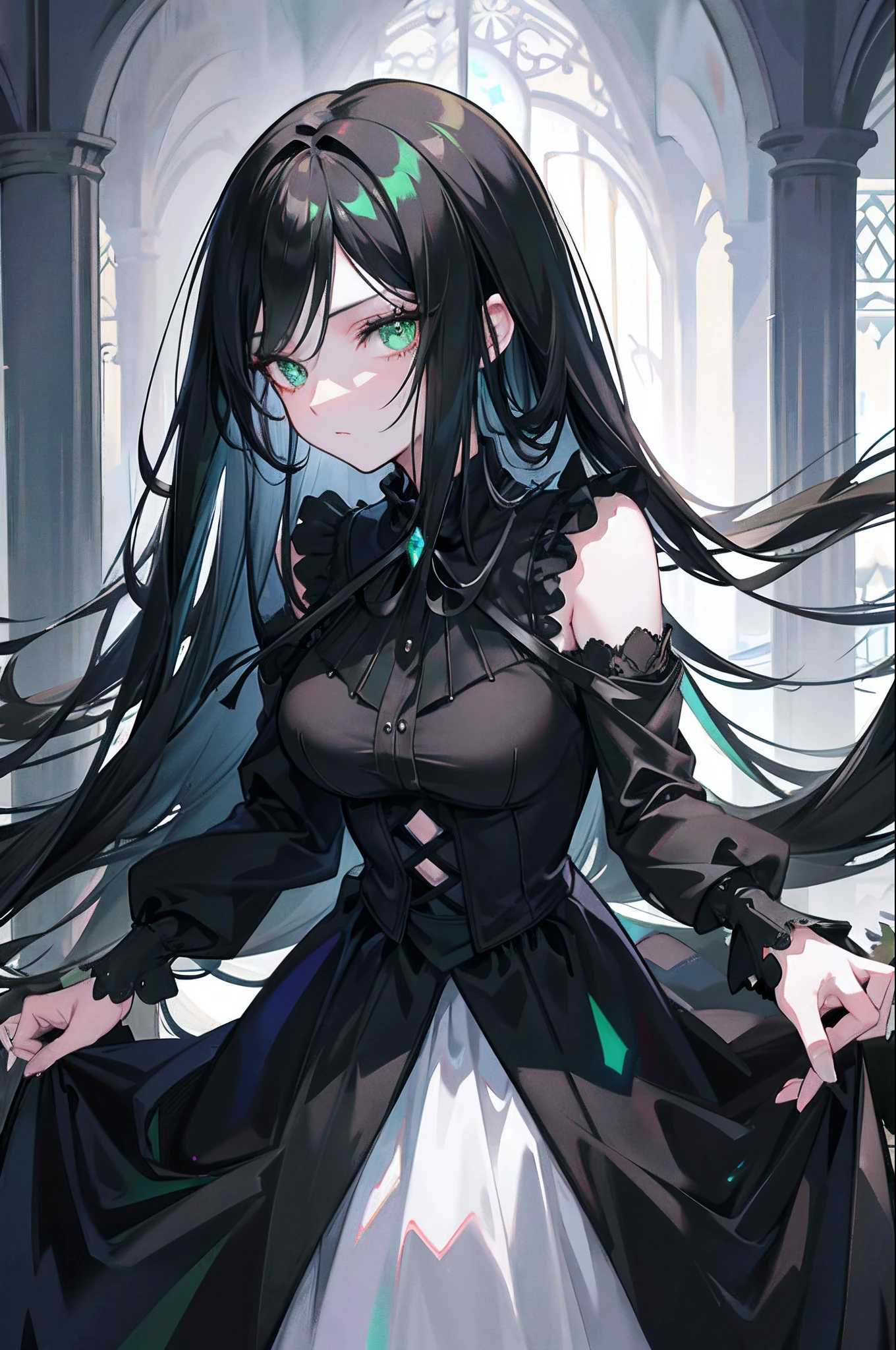 Long black hair, Green eyes, Black dress, graveyard, Beautiful anime style girl all over, clean detailed faces, goth clothes, Glowing shadow, beautiful gradation, Depth of field, Clean image, High quality, High details, High definition, Luminous Studio graphics engine, Beautiful