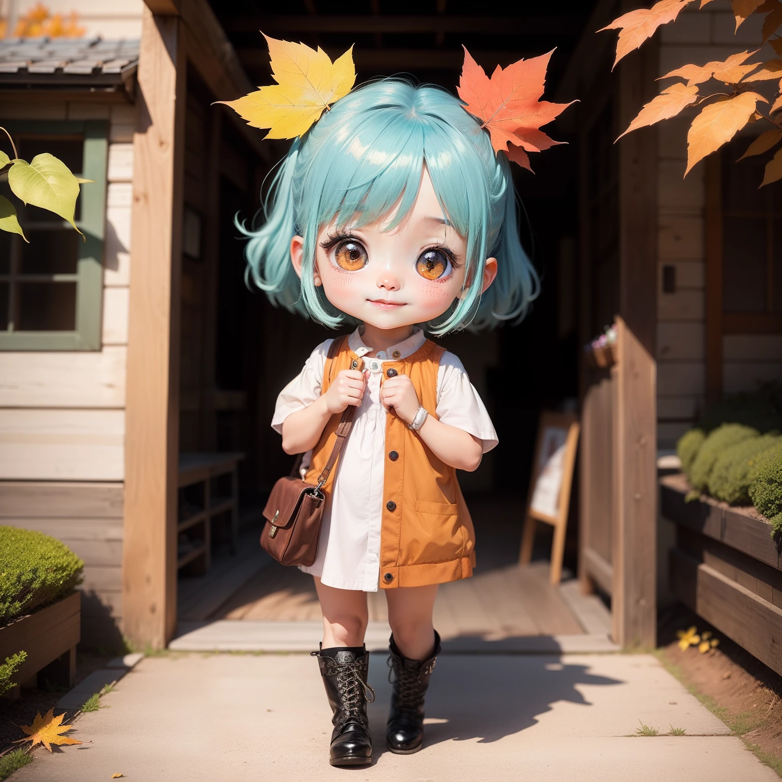 Cute Baby Chibi Anime、(((Chibi 3D))) (Best Quality), (masutepiece)、Chibihime、Open your mouth and smile、a small face、petite body、Dark green hair color、(Bruce Chinoiserie:1.4)、Blue pin heel with ribbon、Standing、Fairytale autumn forest (tchibi:1.1)
