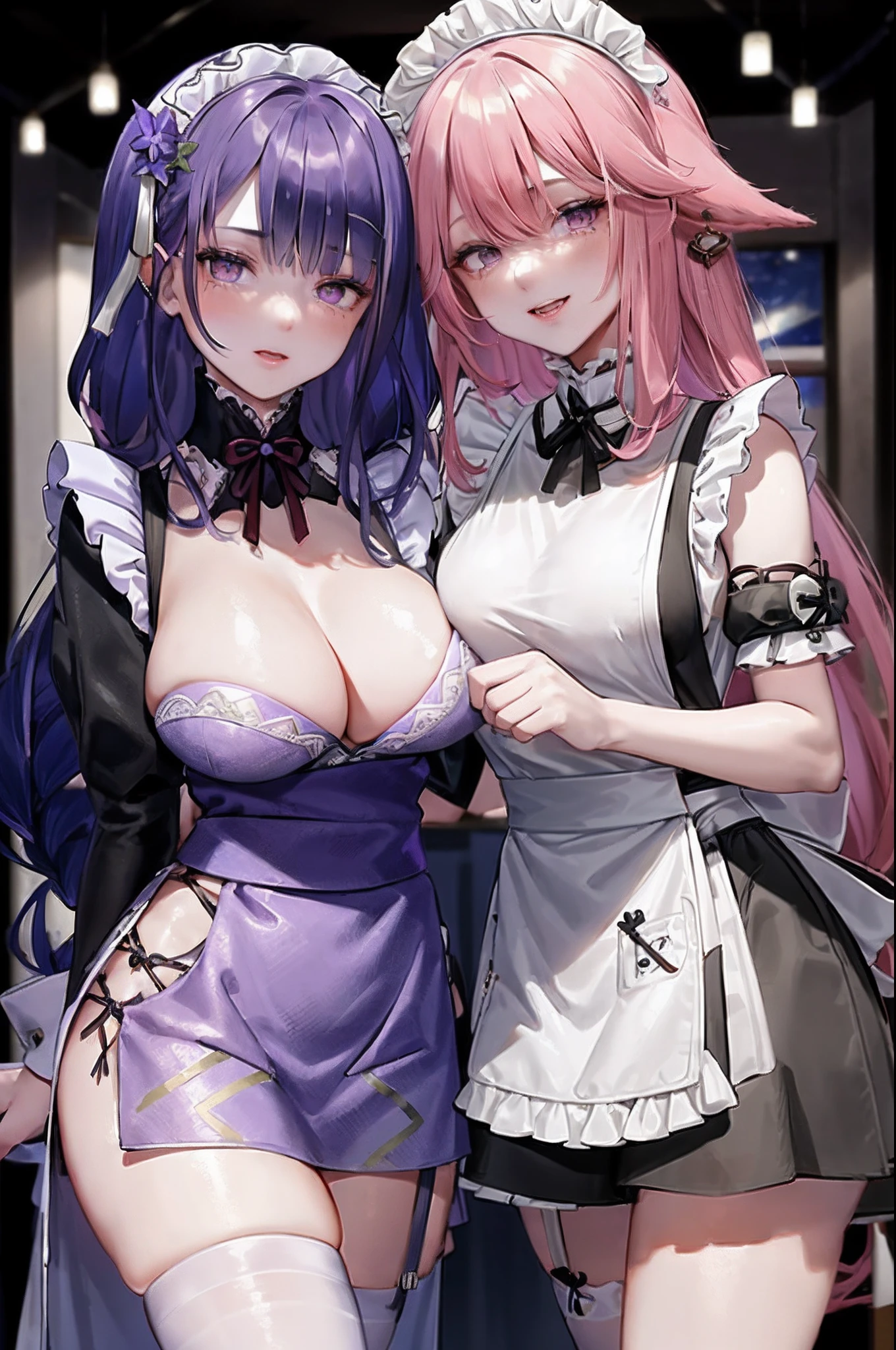 ​masterpiece, top-quality,multipel Girls, breastsout, (2girls:1.3), Yae Mikoto, Raiden General, Purple eyes, A pink-haired, Komono, purple color  hair, length hair, cleavage of the breast, hair adornments, thighs thighs thighs thighs, Purple kimono, thighs thighs thighs thighs, bangss, animal ear, Detached sleeves, fox ear, Wide sleeves, Kimono, a moon, arma, Braids,(nffsw:0.8), middlebreasts、A smile、(Black Maid Outfit、frills skirt、Maid costume 、maid clothes、Wearing a black maid apron:1.4),((Face))