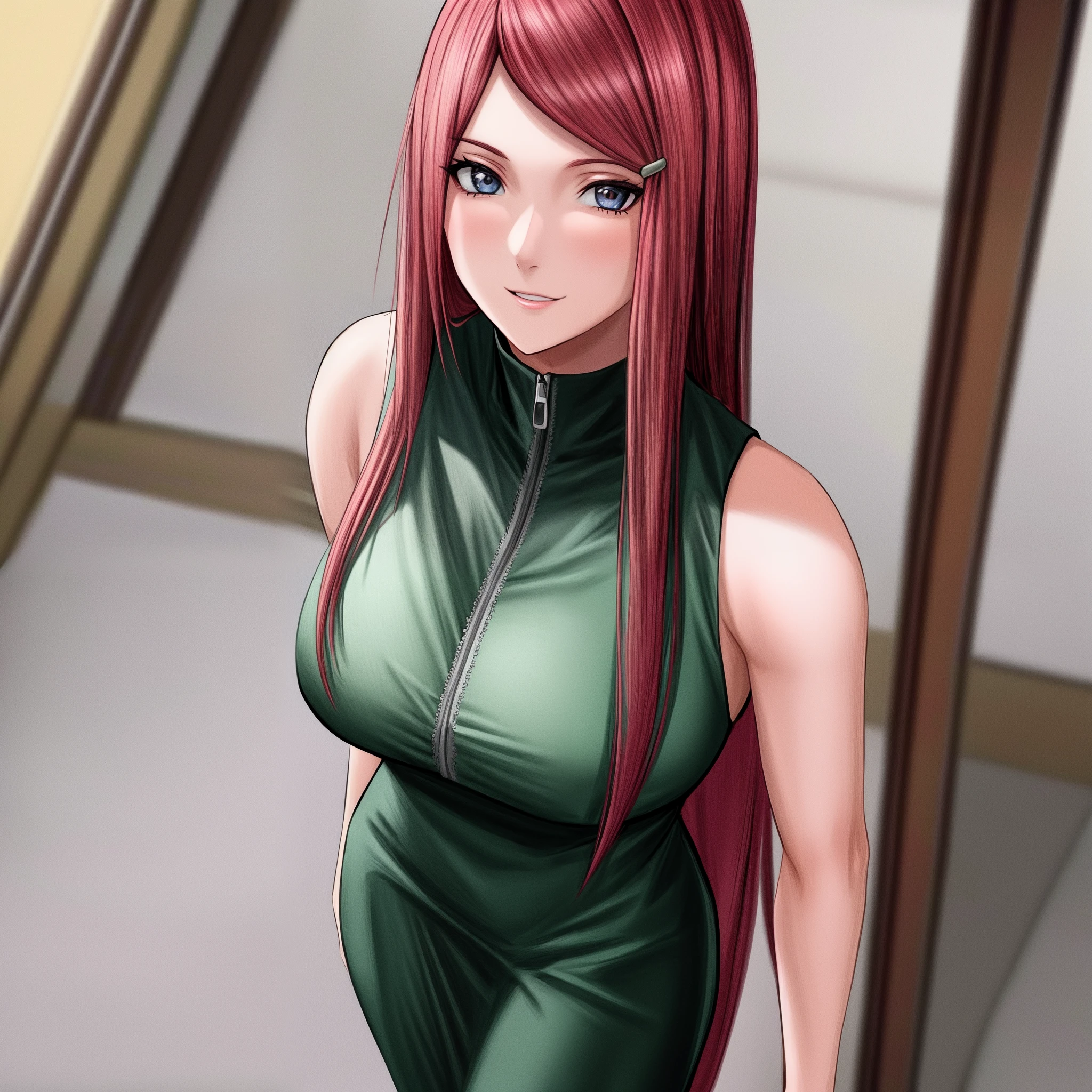 uzumaki_kushina, large_breasts, standing, solo, kushina_green_dress, masterpiece, best quality, detailed face, detailed eyes, highres, smile, (masterpiece:1.4, best quality:1.2), (Highres), (Detailed Illustration), Ultra-Detailed, konohagakure, uzumaki_kushina, kushina_green_dress, standing straight,