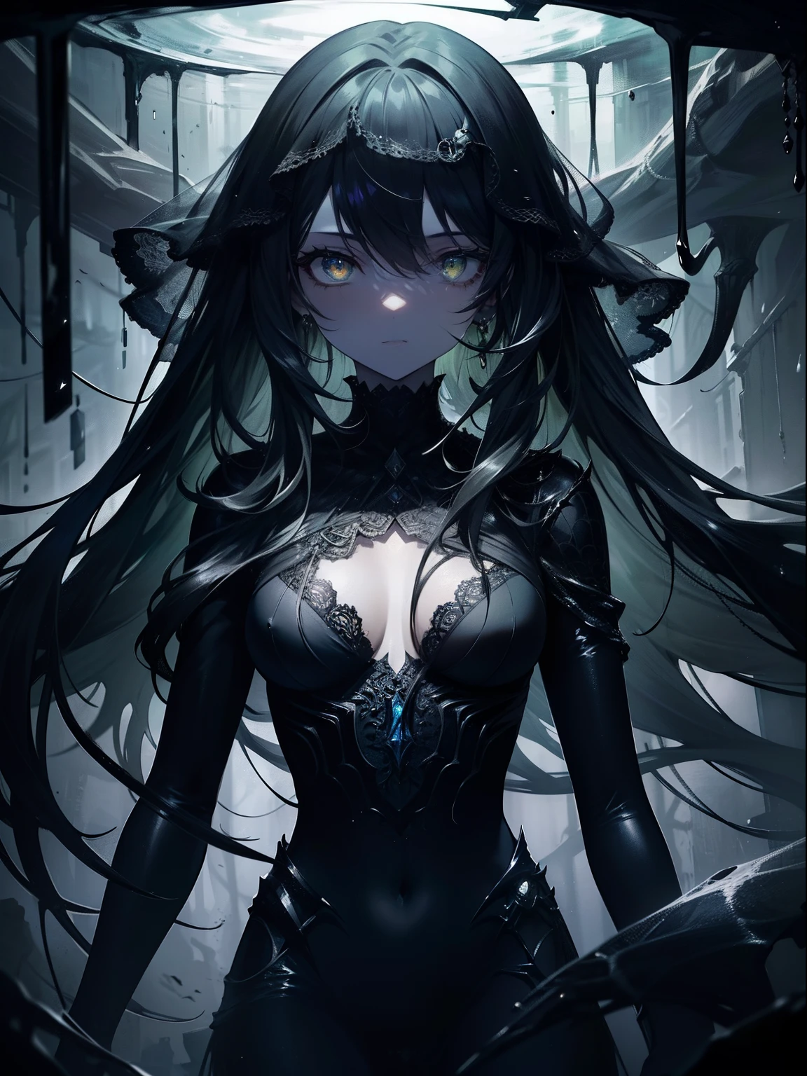 (Masterpiece, Best quality, ultra high resolution),1girl,black clothes, amber eyes, bright eyes,surrounded by spiderweb, (spider girl), beautiful and detailed face , detailed eyes, in the middle of the dark cave,cloudy sky, fog, ocean,(gray and green theme),