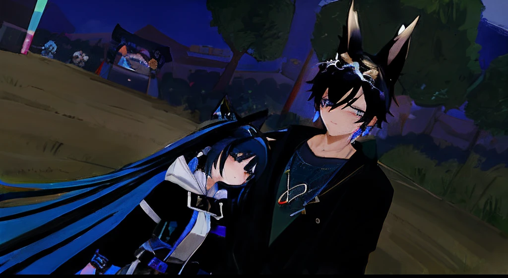 anime characters dressed in black and blue standing in a field, vrchat, hidari and vlop, one blue ) and huge bat ears, nixeu and sakimichan, second life avatar, john egbert, blue and black, with blue skin, sakimichan and frank franzzeta, tumblr, imvu, happy!!!, 8k!!