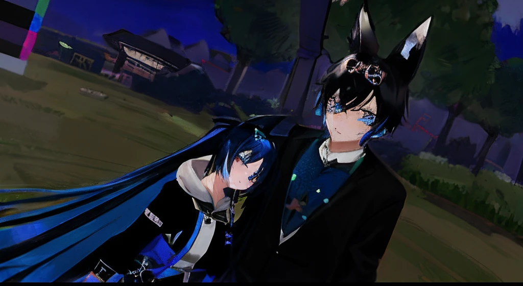 anime characters dressed in black and blue standing in a field, vrchat, hidari and vlop, one blue ) and huge bat ears, nixeu and sakimichan, second life avatar, john egbert, blue and black, with blue skin, sakimichan and frank franzzeta, tumblr, imvu, happy!!!, 8k!!