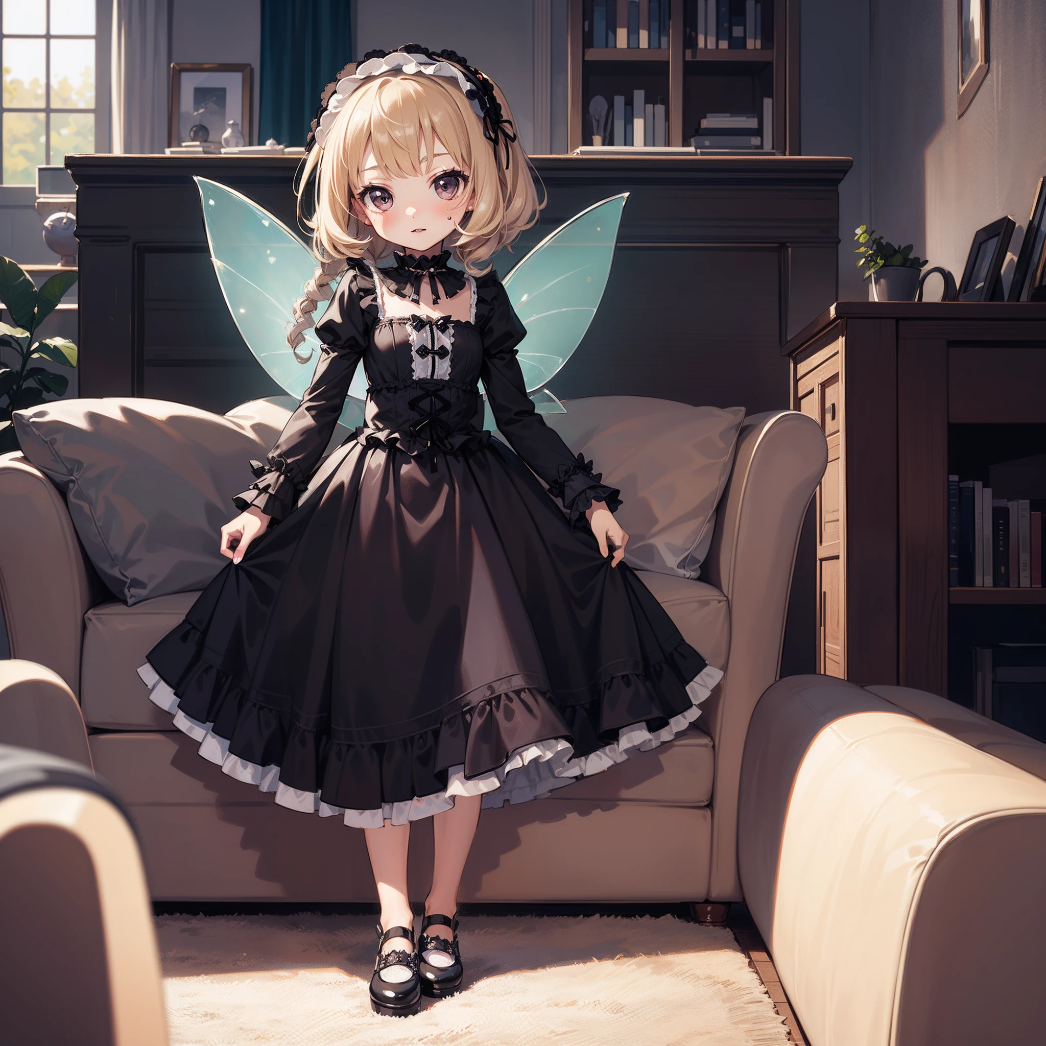 (Chibi:1.5),(very cute female child:1.6),(10 yo),action:1.6,barefoot,long hair,flat chest,wind,drooping sweat:1.5,BREAK (Gothic Lolita cloth:1.8),(Transparent fairy wings:1.6),BREAK dutch angle shot,dynamic angle:1.6,ground-level shot,low angle,full body shot,medium shot,BREAK (livingroom:1.5),Summer,day,BREAK (4K), (Raw photo: 1.2), (Realism: 1.4), (masutepiece: 1.3), (exquisite detailing: 1.2), Delicate and beautiful details, (Eye Detail), (Facial Detailed), (Highest Quality) :1.4), (Hyper-Resolution: 1.2),(very detailed illustration), Best Quality,depth of fields, Wide light, natural shadows