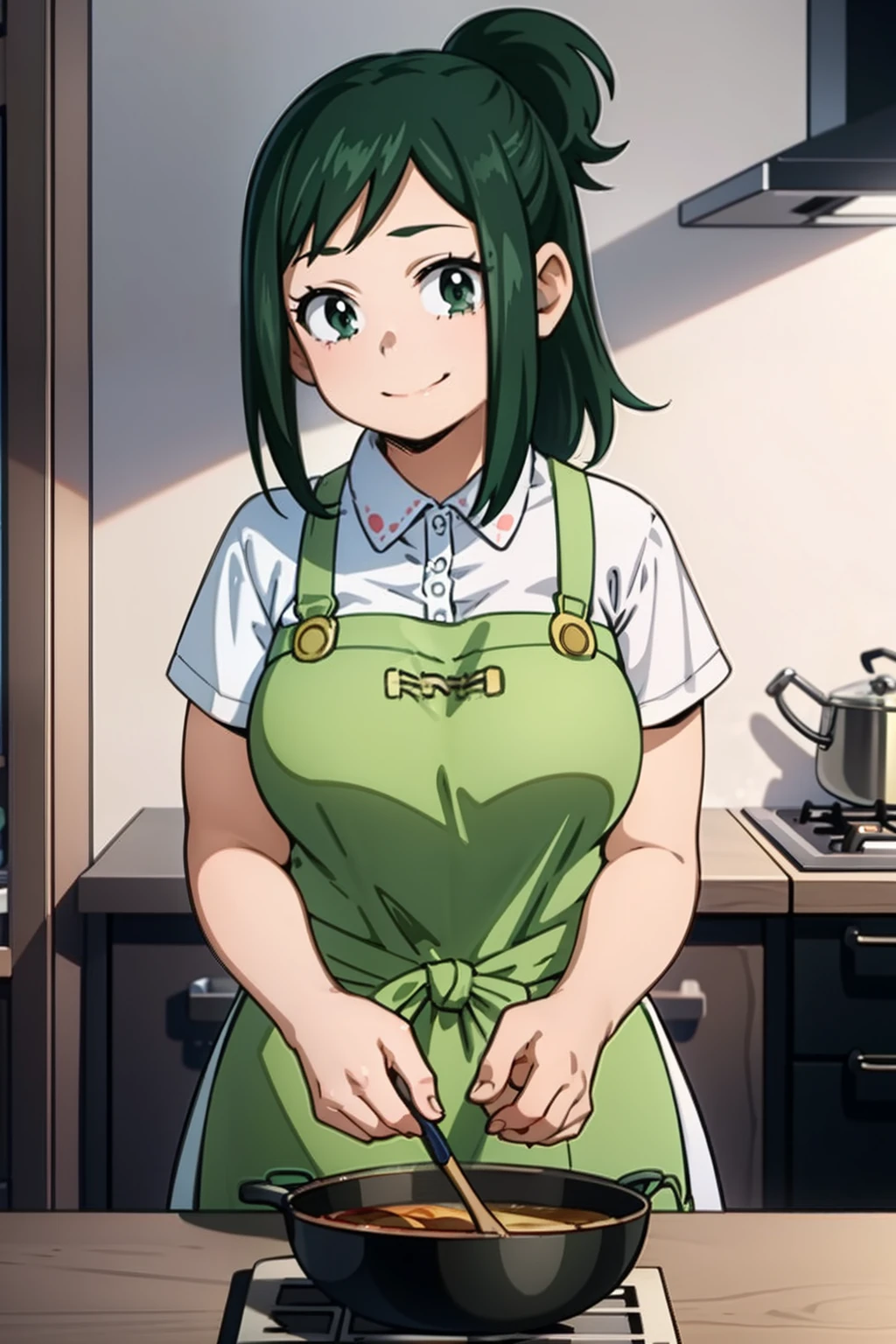 best quality, masterpiece, portrait, 
1girl, midoriya inko, green hair,  short hair, short ponytail, green eyes, large breasts, curvy, slim, shirt, apron, indoors, kitchen, looking at viewer, smile,