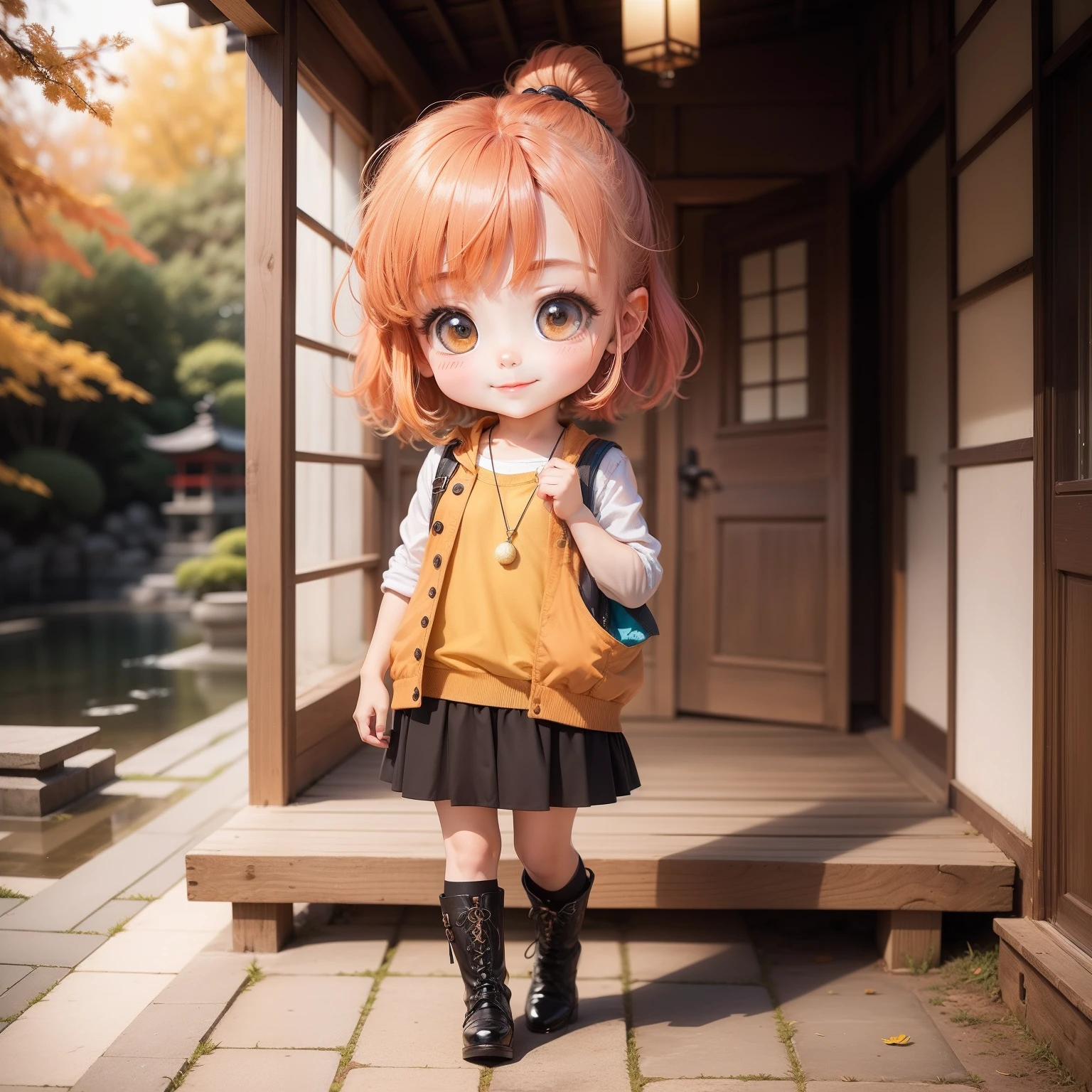 Cute Baby Chibi Anime,（（（Super masterpiece、top-quality、ultra-detailliert、1 girl in、Chibi：1.5）））、Fashionable Chibi、fashion modell、Wearing an orange shirt and colorful long gilet、Laced boots、Japanese garden, Colored leaves🍁🍁🍁,outside of house、The best smile、Looking at the camera、A detailed face、黒い皮膚👩🏾‍🦱👩🏾‍🦱👩🏾‍🦱、highdetailskin、Aqua Blue Sauvage Hair、（Chibi：1.4）