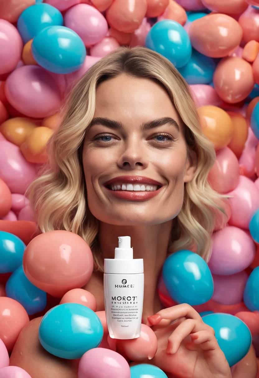 Margot Robbie promoting a Moisturising Cream named "Visage Claire". Clear face photo.