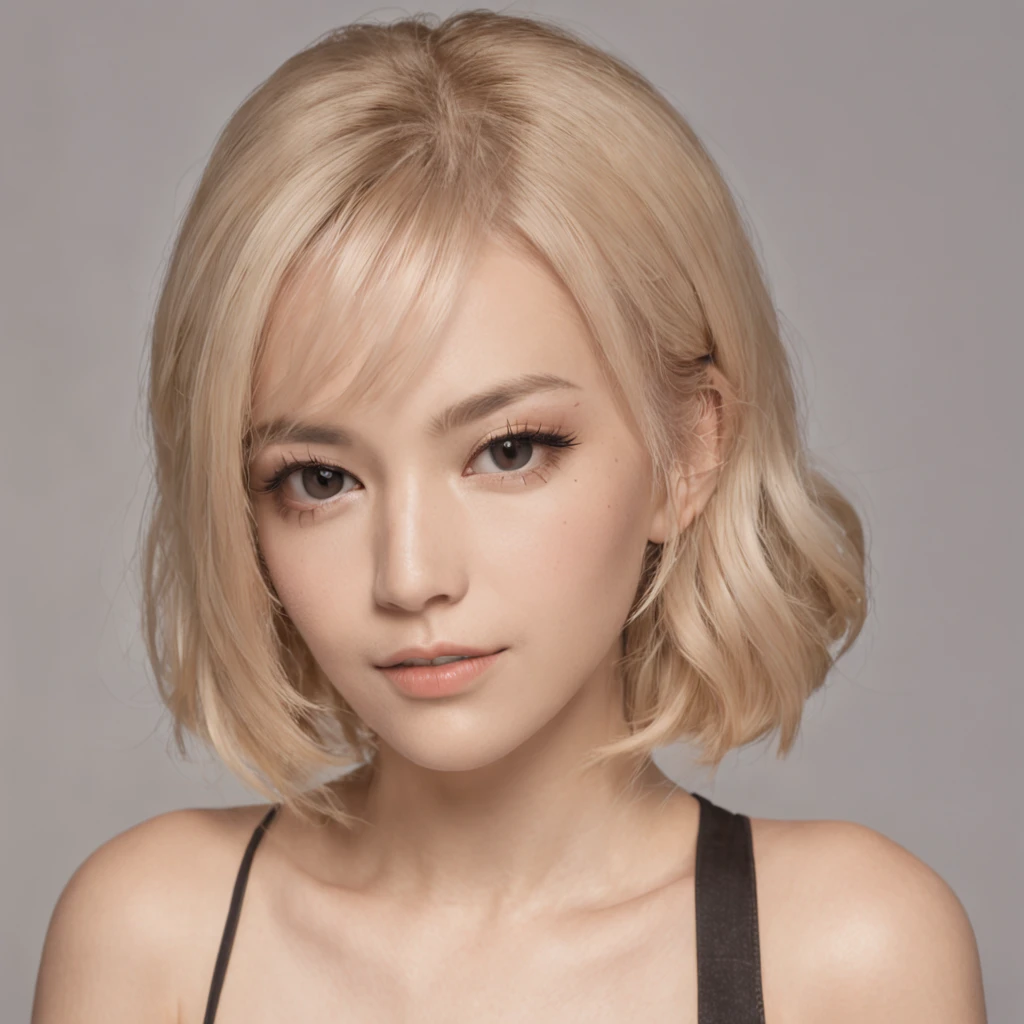 Aesthetic artwork, a woman, blonde hair, black eyes, straight hair, flushed cheeks, full lips, mischievous gaze, light brown skin, short black dress, sexy build,