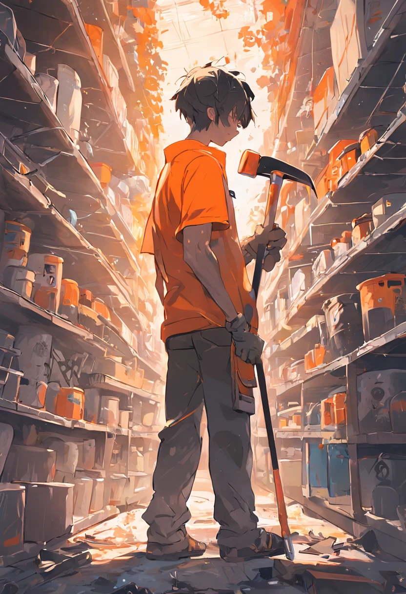 Cup-Head art style Luis Roya art style, graffiti full body illustration of an anthropomorphic hammer in silhouette, wearing a polo style shirt & orange home depot apron, worker pose, double exposure background gardening aisle with home depot logo, minimalistic, rtx, UHD, cell shading, 32k, ray tracing, well defined, comic, digital painting, cartoon, photorealistic, drawing, unreal engine, octane render, shaders, 4d