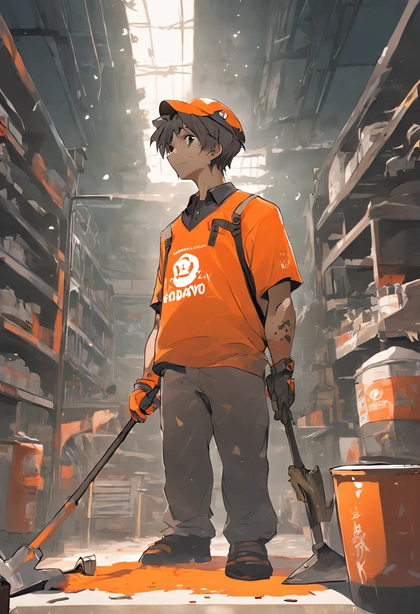 Cup-Head art style Luis Roya art style, graffiti full body illustration of an anthropomorphic hammer in silhouette, wearing a polo style shirt & orange home depot apron, worker pose, double exposure background gardening aisle with home depot logo, minimalistic, rtx, UHD, cell shading, 32k, ray tracing, well defined, comic, digital painting, cartoon, photorealistic, drawing, unreal engine, octane render, shaders, 4d