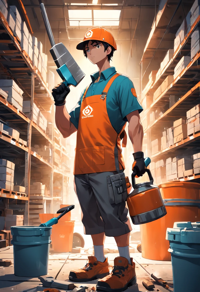 Cup-Head art style Luis Roya art style, graffiti full body illustration of an anthropomorphic hammer in silhouette, wearing a polo style shirt & orange home depot apron, worker pose, double exposure background gardening aisle with home depot logo, minimalistic, rtx, UHD, cell shading, 32k, ray tracing, well defined, comic, digital painting, cartoon, photorealistic, drawing, unreal engine, octane render, shaders, 4d