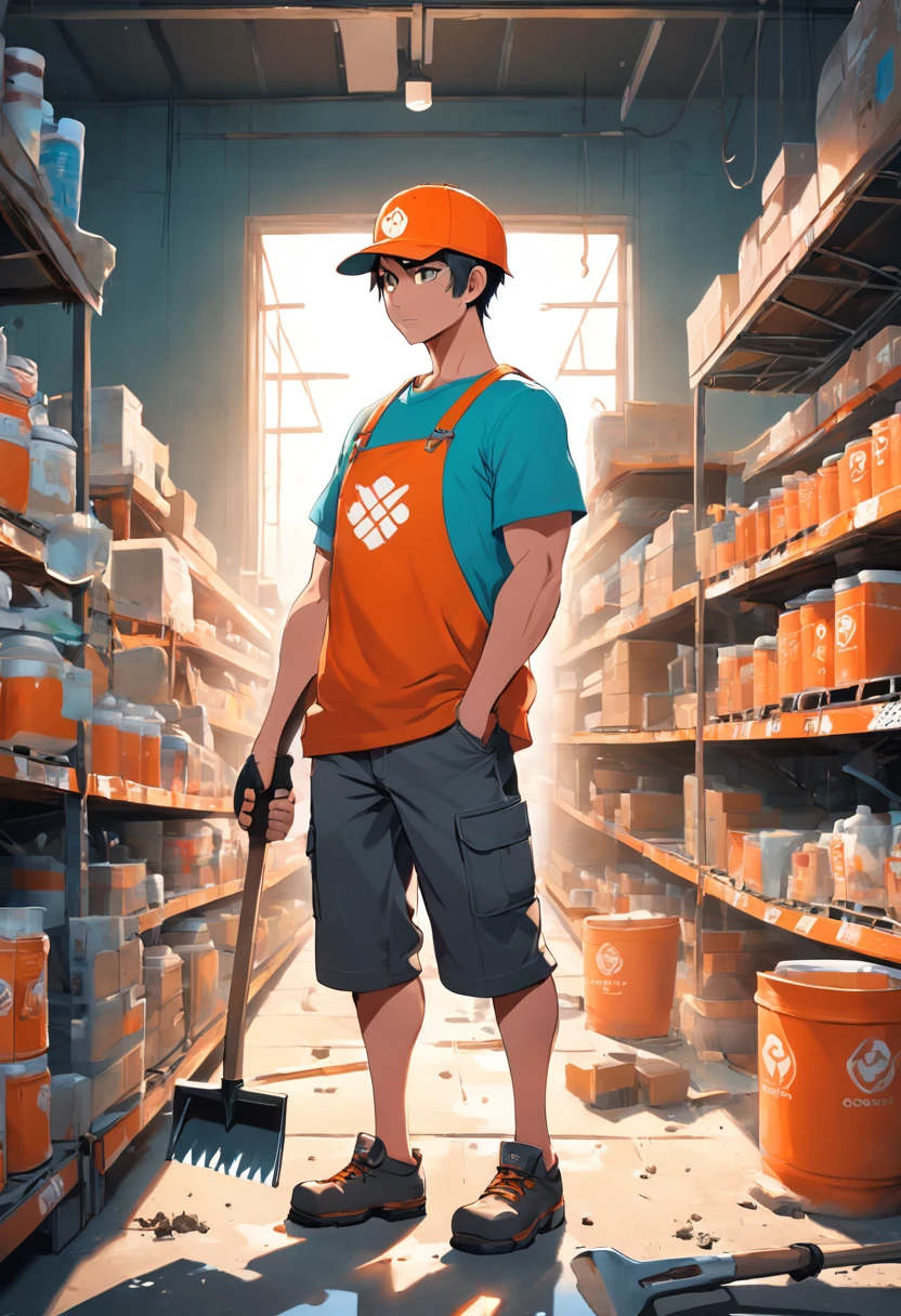 Cup-Head art style Luis Roya art style, graffiti full body illustration of an anthropomorphic hammer in silhouette, wearing a polo style shirt & orange home depot apron, worker pose, double exposure background gardening aisle with home depot logo, minimalistic, rtx, UHD, cell shading, 32k, ray tracing, well defined, comic, digital painting, cartoon, photorealistic, drawing, unreal engine, octane render, shaders, 4d