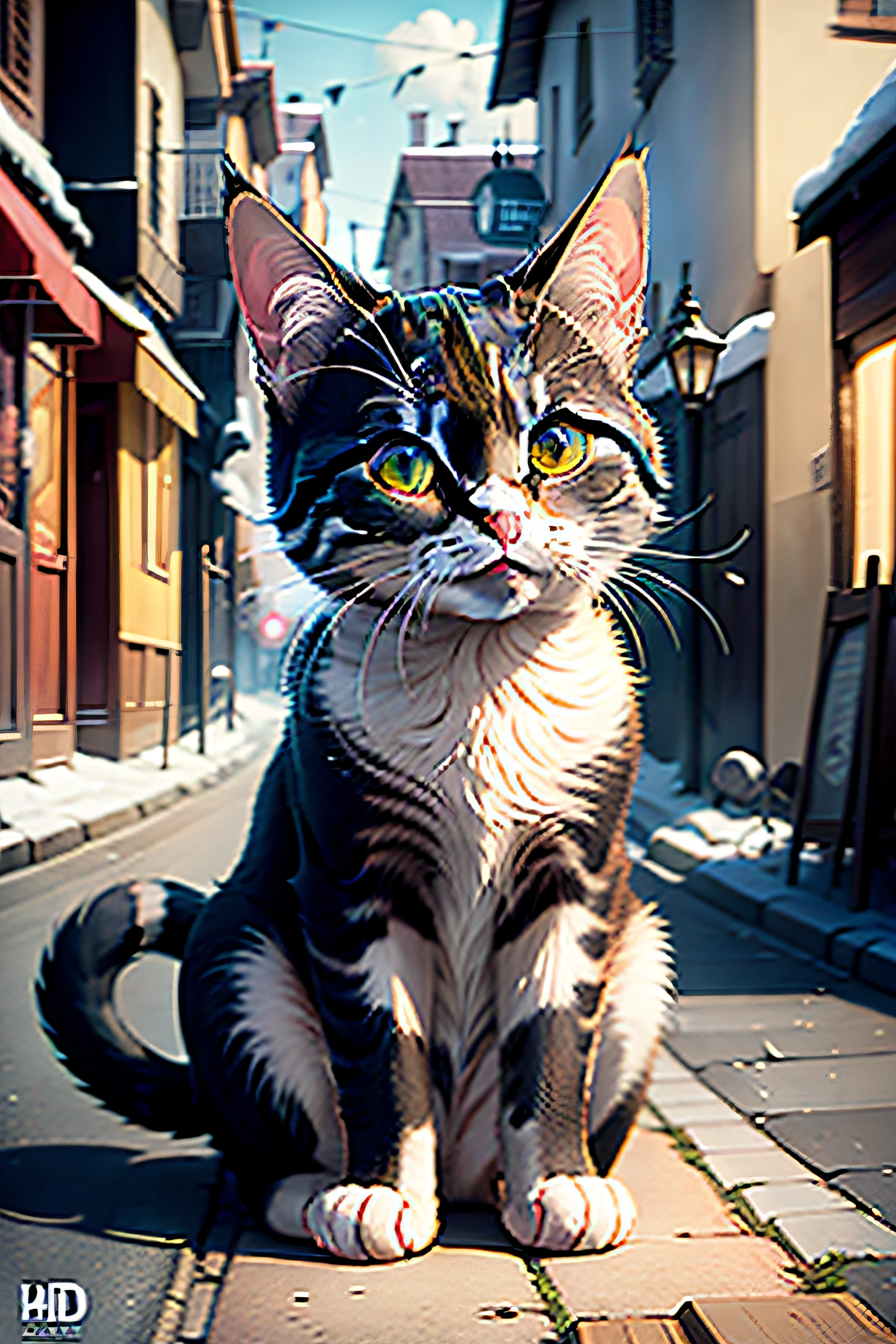 sick cat in the village street, shivering, unwell, hyper-realistic, 8k, ultra HD, Pixar style, Disney style, cinema 4d, --ar 3:2