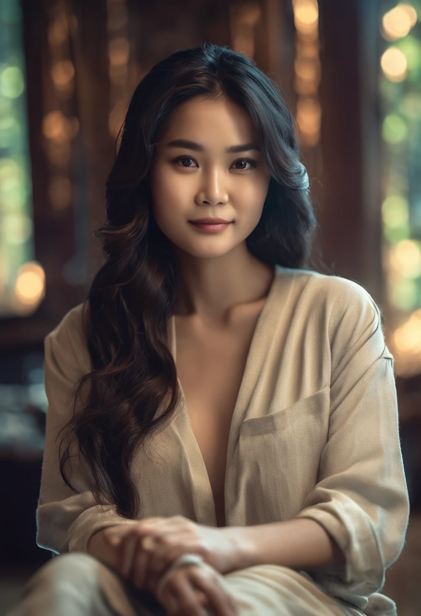 Cinematic soft lighting illuminates a beautiful Filipina model with stunning detail and ultra-realistic,meditating in a Spa,Full body photo of the front,beautiful look, straight long black hair, Charming perfect smile,Raised sexy,Hot woman,Insanely beautiful,This is the trend on the ArtStation。The Octane is the perfect tool to capture the softest details of this 16k photographic masterpiece。